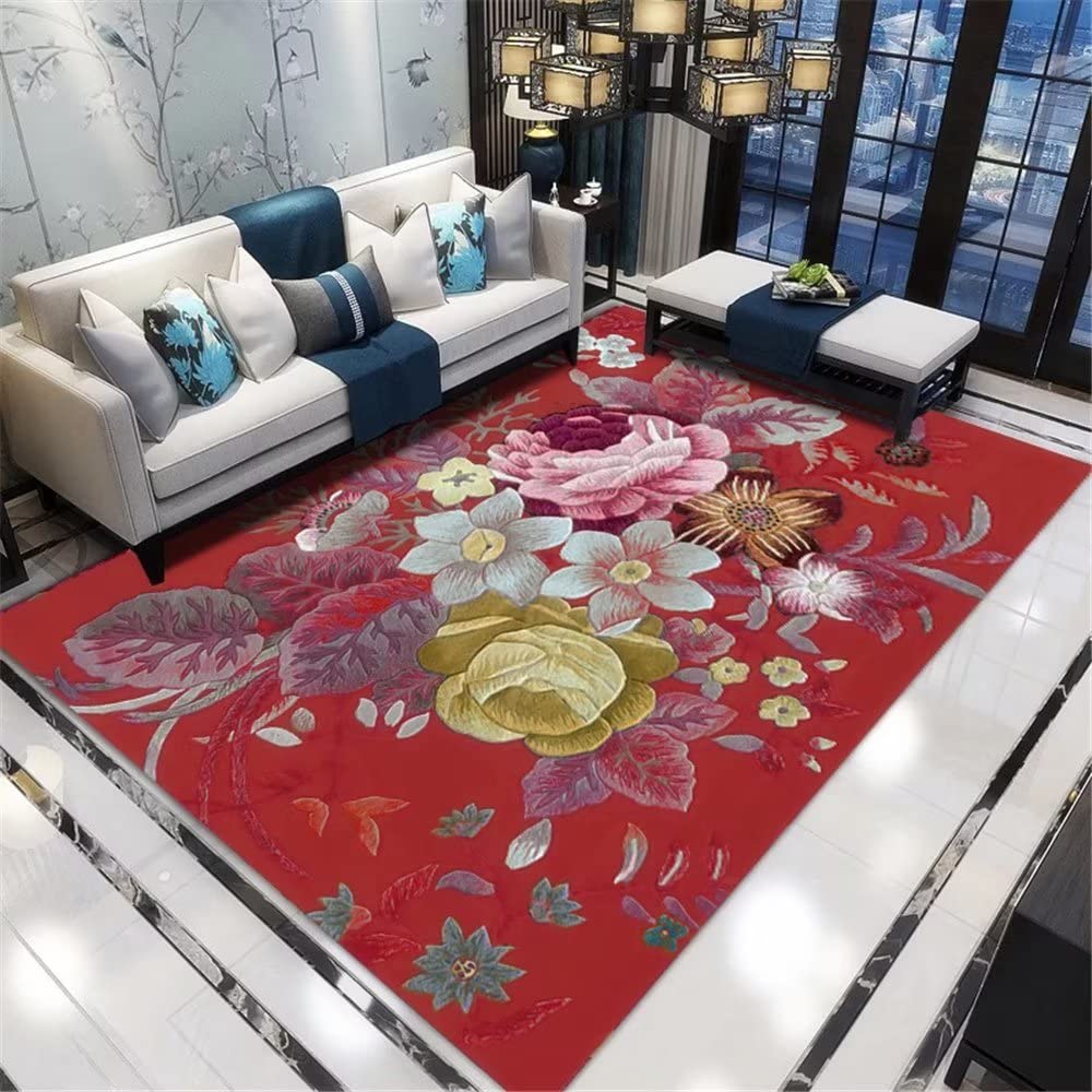 Grand tapis salon style balcon exterieur 40x60cm rouge foncé à fleurs