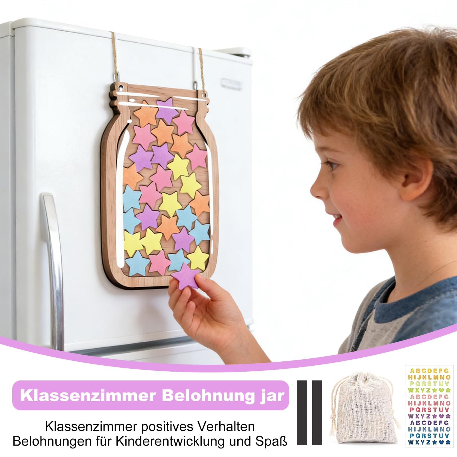 Belohnungsglas Kinder Magnetisch, Belohnungssystem Kinder mit Sternen, mit Seil zum Aufhängen und Halterung, Belohnungstafel kinder aus Holz für positiven Verstärkung in Zuhause und Schule