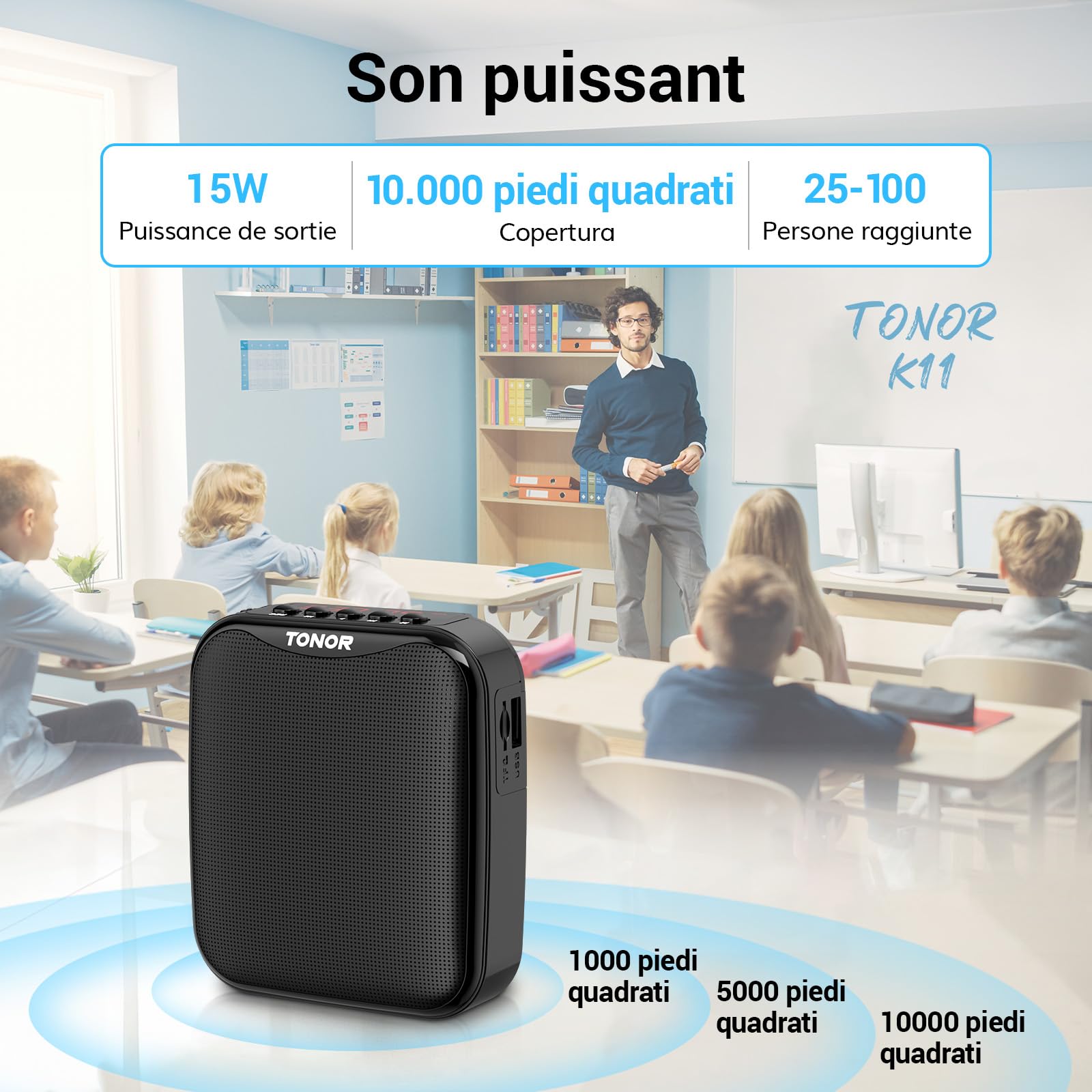 TONOR 15W Amplificatore Vocale Portatile per Insegnanti, Amplificatore Vocale Bluetooth con Microfono per Cuffie Wireless, Sistema PA Ricaricabile per Insegnamento/Istruttori di Fitness/Discorso, 25 M