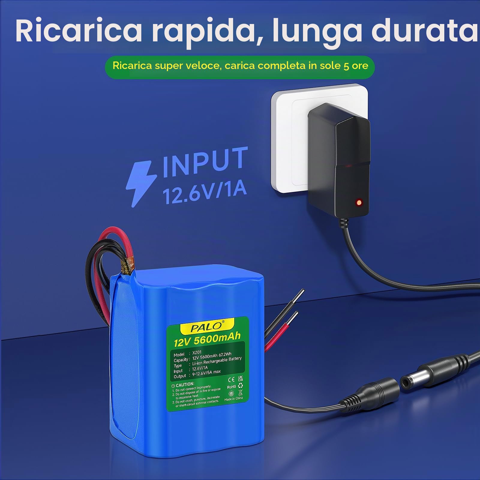 12V 5600mAh Batteria agli ioni di litio con caricabatterie e cavo di collegamento per radio, macchine fotografiche, videocamere, organo elettronico, lampada, telescopi, sonar