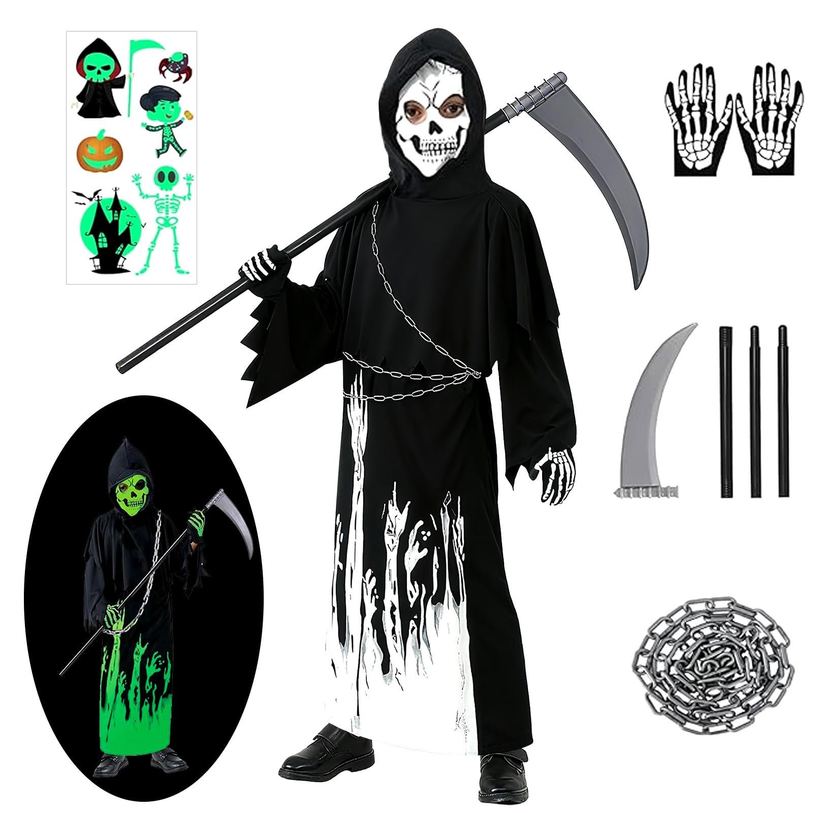 Halloween Costume Bambino Reaper, Costume da Morte Fluorescente, Include Costume Morte Bambin, Guanti, Falce in Plastica, Catena e Adesivi Fluorescenti, Ideale per Halloween e Feste a Tema (L