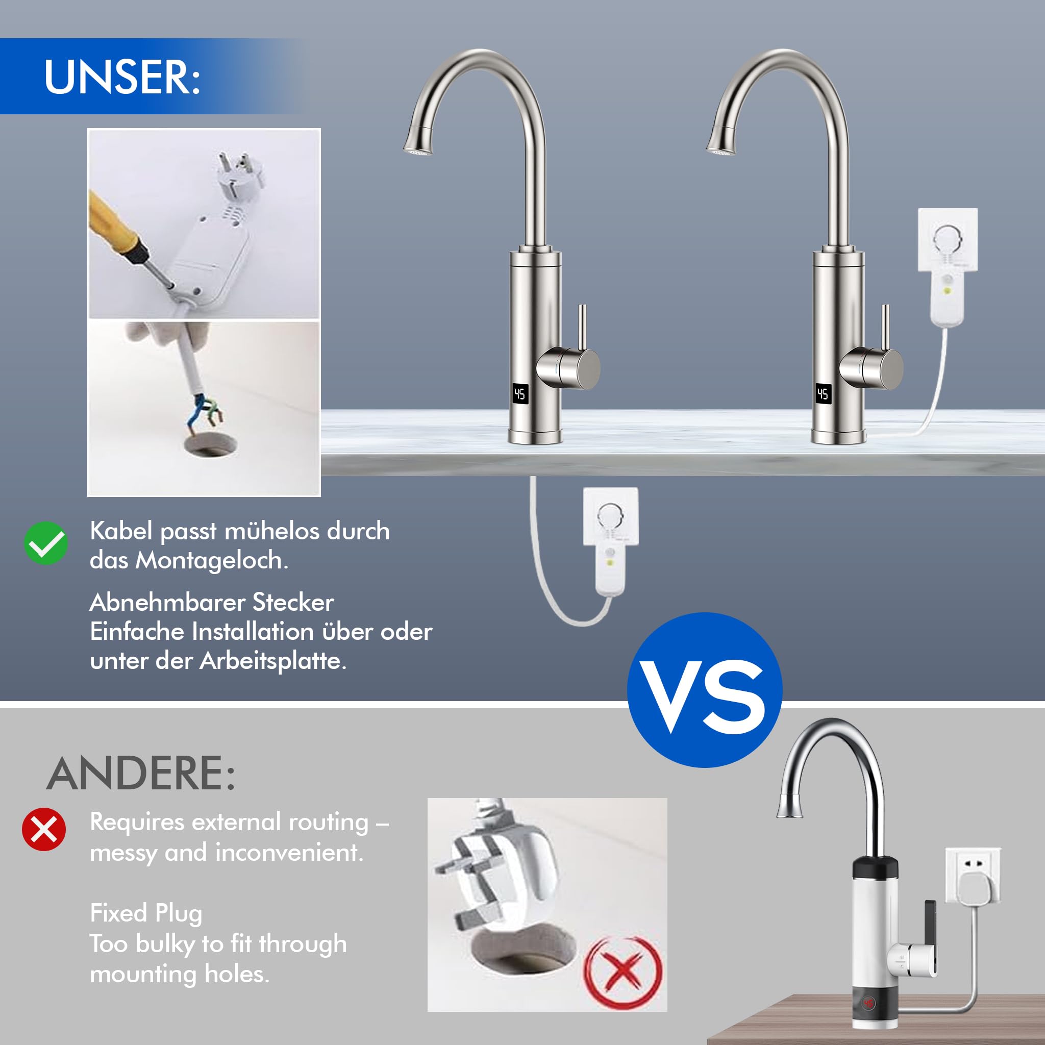 HOMELODY Wasserhahn mit Durchlauferhitzer 230V, GS-Zertifizierung Elektrischer Wasserhahn Sofort Heißes Küchenarmatur mit LED-Display, Anti-Spritz Edelstahl Küchenarmatur, Durchlauferhitzer Küche