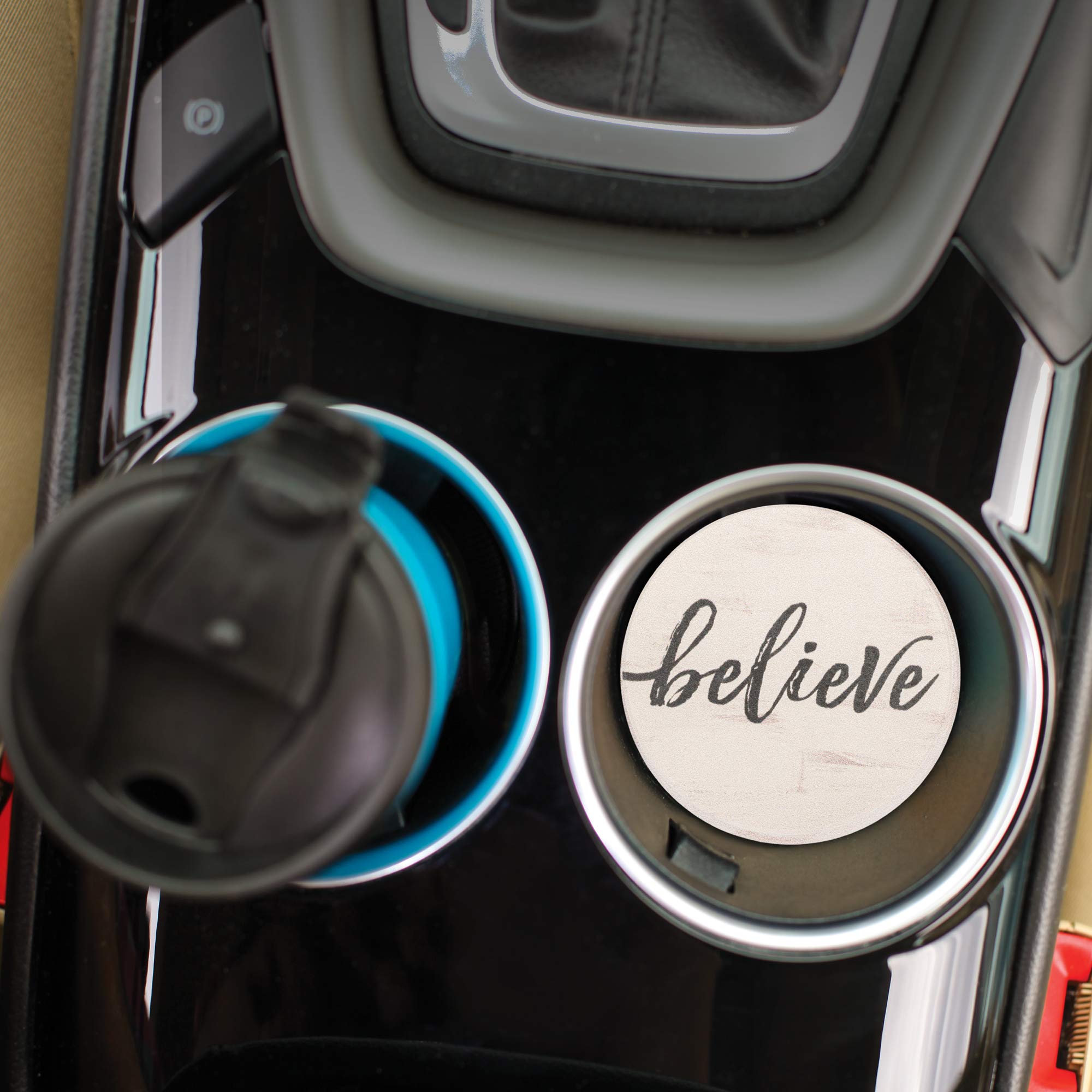 Faith Believe Script Design White 2.75 x 2.75 Absorbent Ceramic Car Coasters Pack of 2