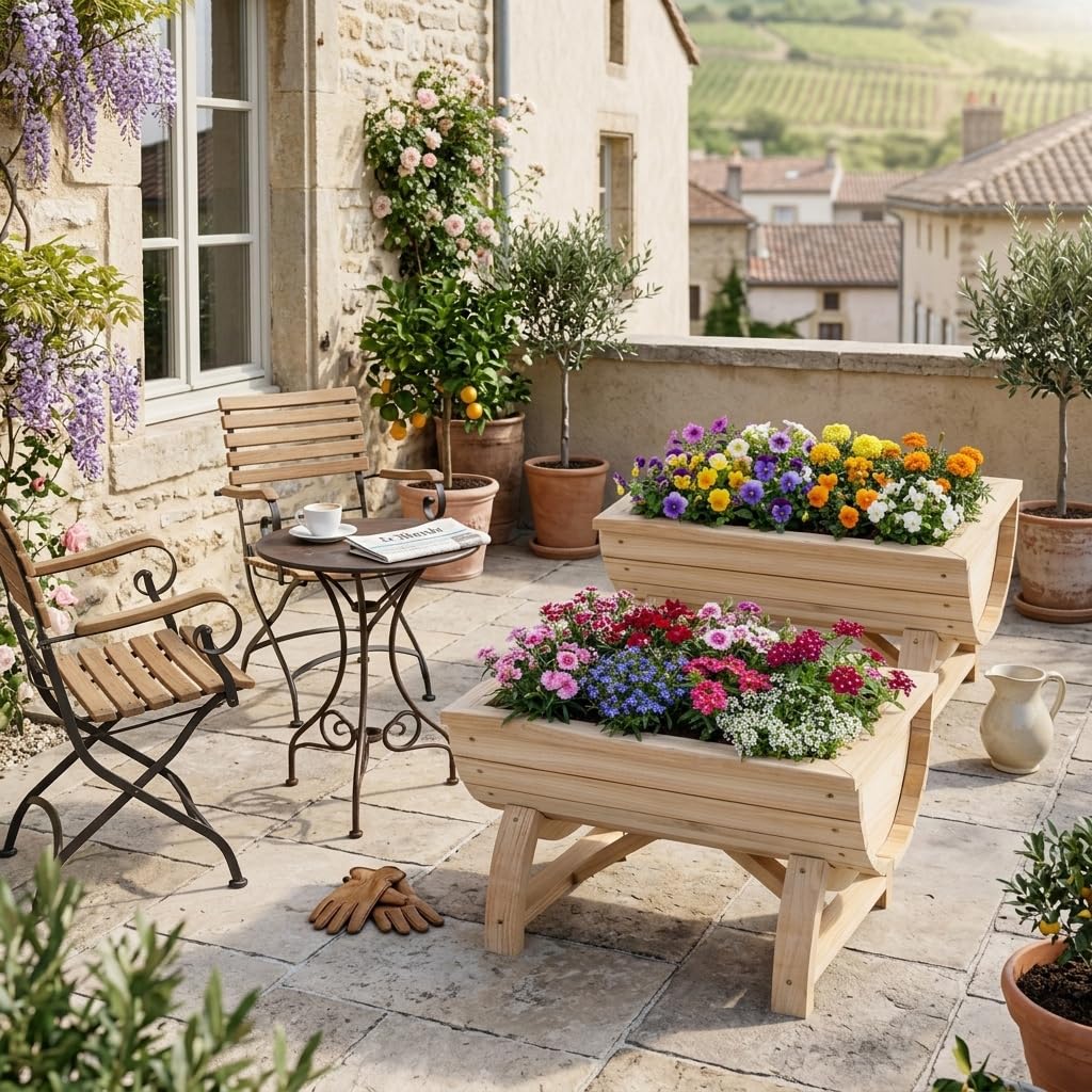 GOPLUS Lot de 2 Jardiniere sur Pieds en Bois Massif, 39x30x24 CM, Carre Potager Forme Demi-Tonneau avec Trou de Drainage pour Légumes, Plantes, Herbes, Table de Culture pour Balcon, Jardin