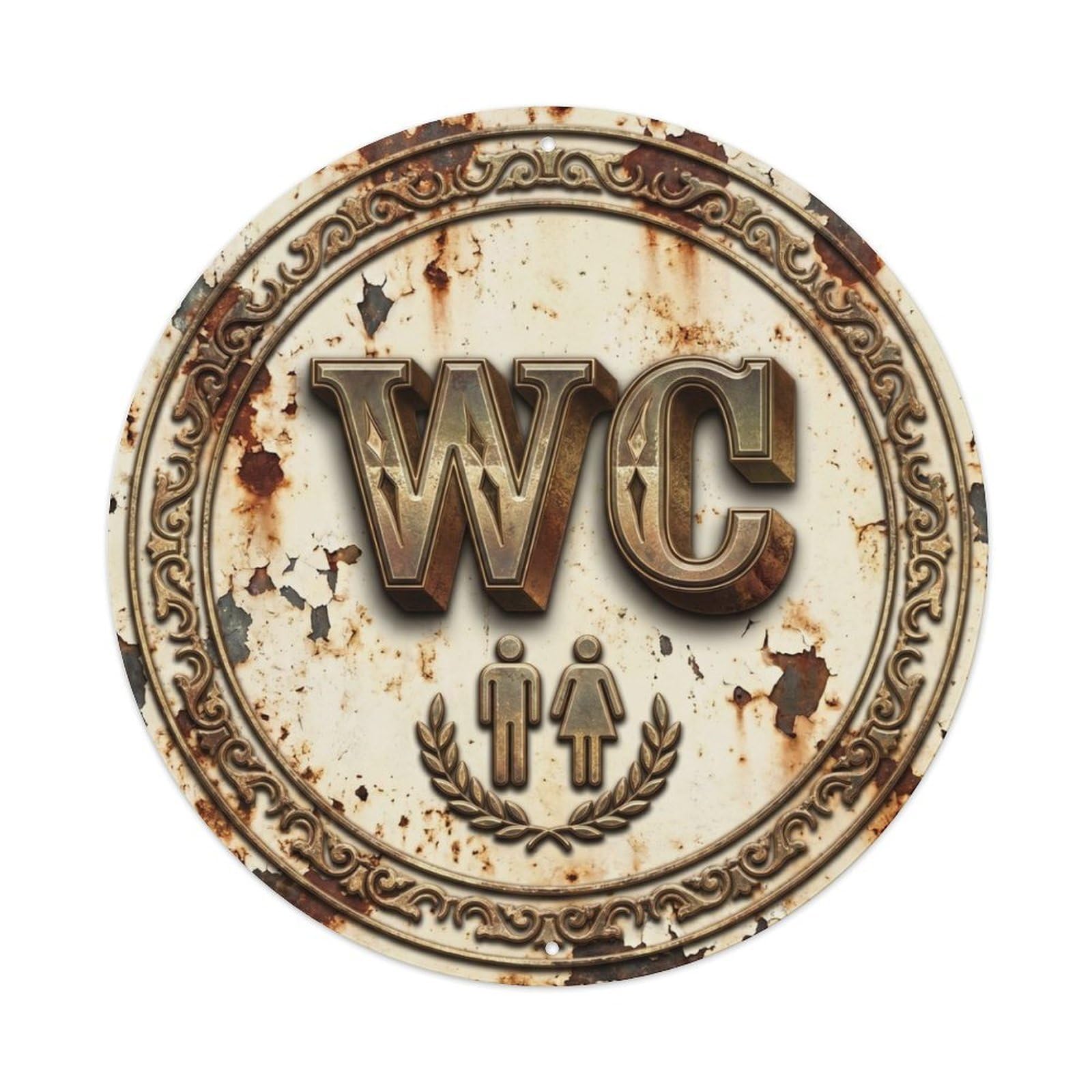 Toilet （WC） Weathered Ivory Ornament Metal Tin Sign Plaque Wall Decor for Cafe, Club Bar, Office, Home Garden Round Metal Poster 8x8Inch