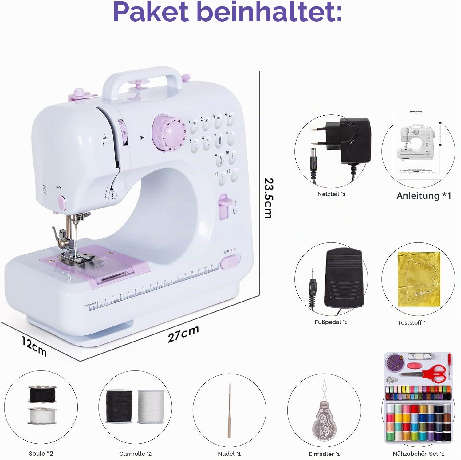 Todeco Nähmaschine für Anfänger und Kinder, 12 Stichmuster, Nähmaschine Klein mit Fußpedal Nählicht Elekt, mit Nähset (Lila)