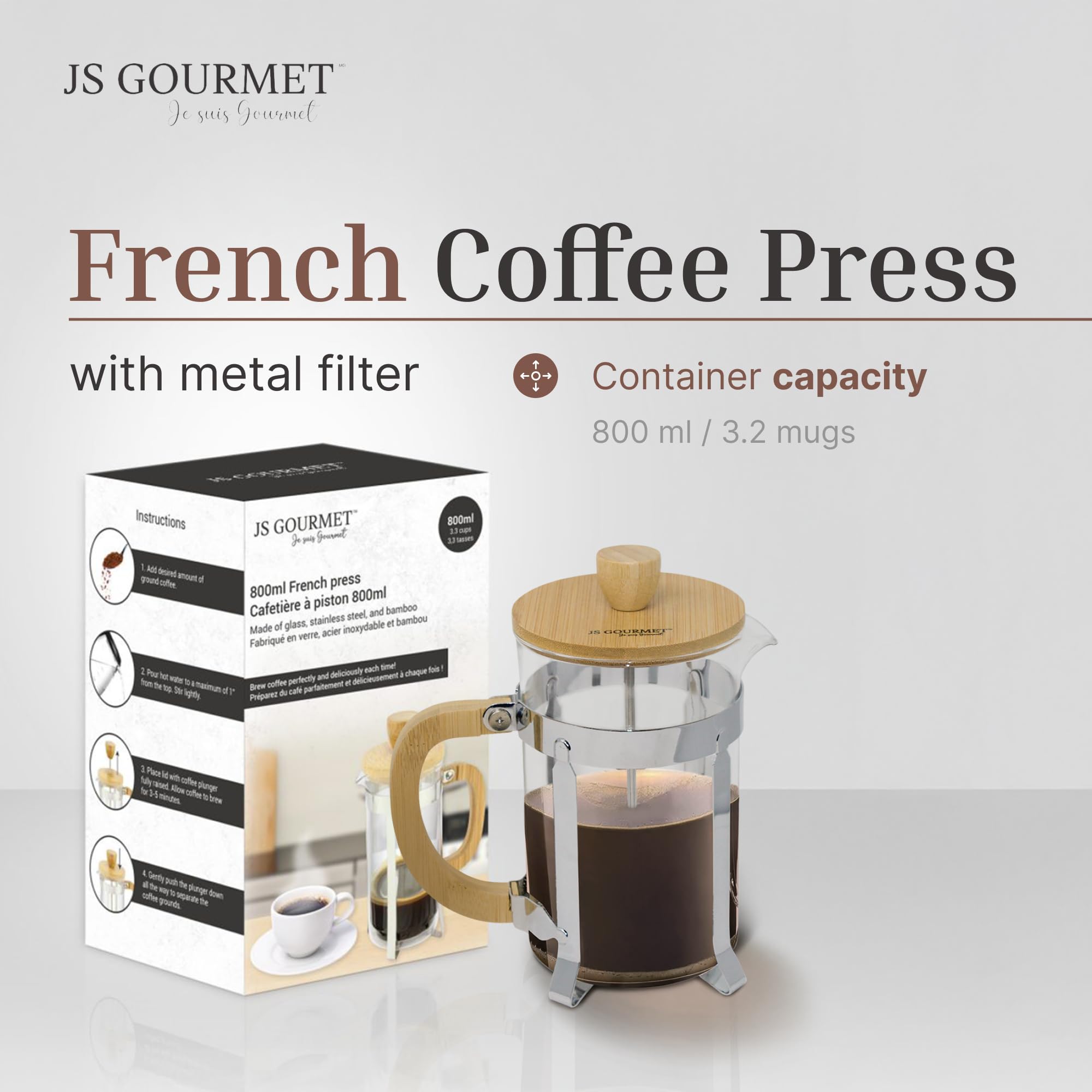 JS Gourmet 27oz Glass French Press Coffee Maker with Bamboo Wooden Handle, Lid and Stainless Steel Frame, Manual Coffee and Tea Brewer with 3 Level Filter System