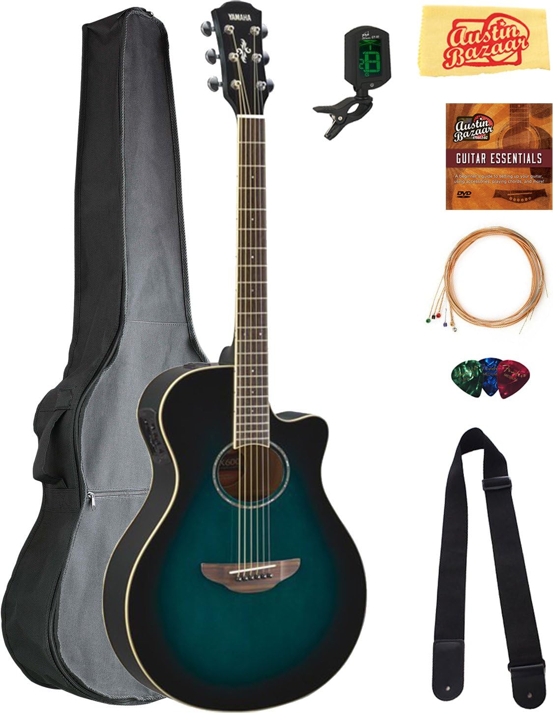Amazon.com: Yamaha APX600 Guitarra acústica eléctrica de cuerpo delgado,  paquete de ráfaga azul oriental con bolsa de chirridos, afinador, cuerdas,  correa, púas, DVD instructivo Austin Bazaar y paño de pulido : Instrumentos