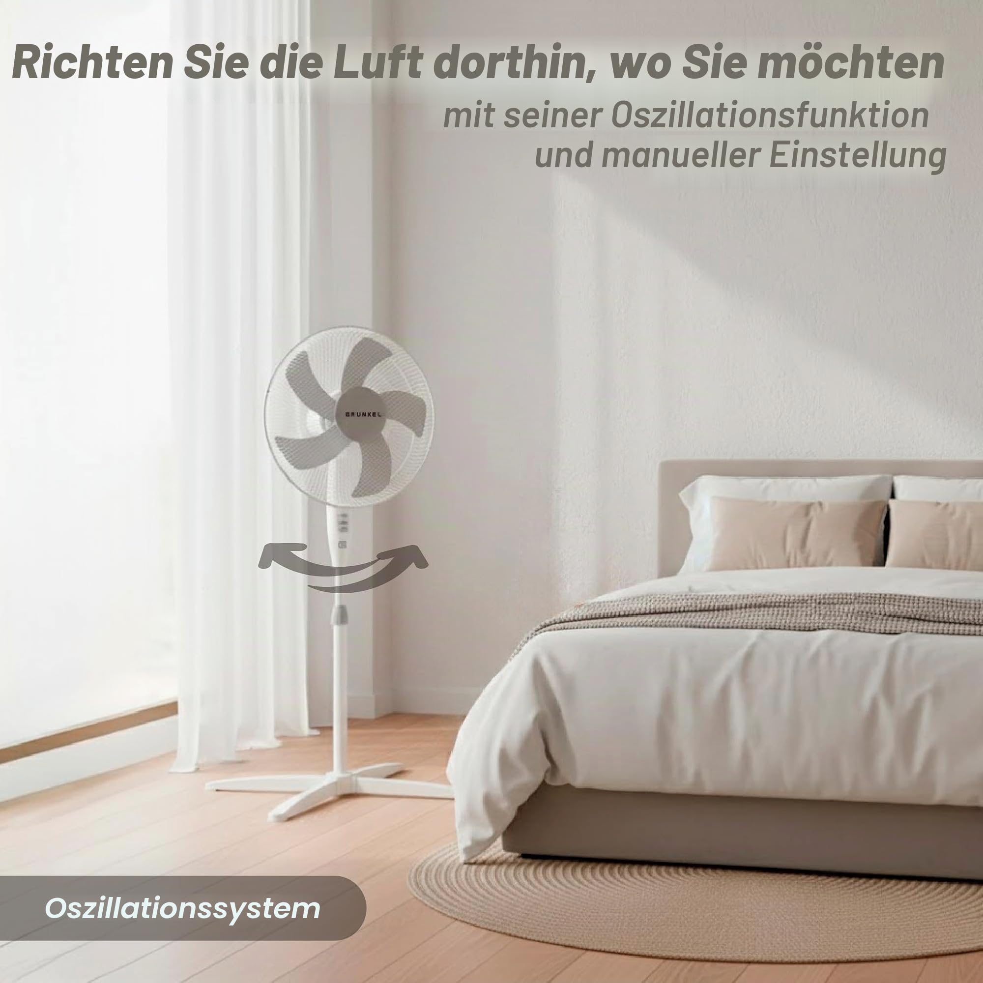 Grunkel - 16" Standventilator mit 3 Geschwindigkeitsstufen und Höhenverstellung - FAN-G165X - Blattfuß mit 62 cm Durchmesser und 3 halbtransparenten Flügeln - 50 W - Weiß