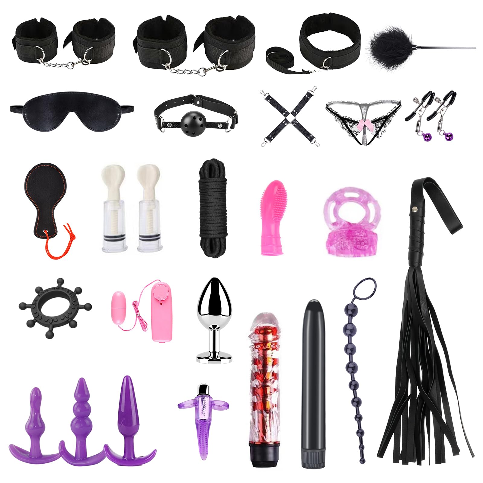 26 Piezas SM Bondage Kit, Qoosea BDSM Restraints Kits de Juguetes Eroticos para Parejas, Kit de BDSM Sex Toy con Plug Anal Butt Plug Set Juguetes Sexuales para Principiantes Sexual Adultos