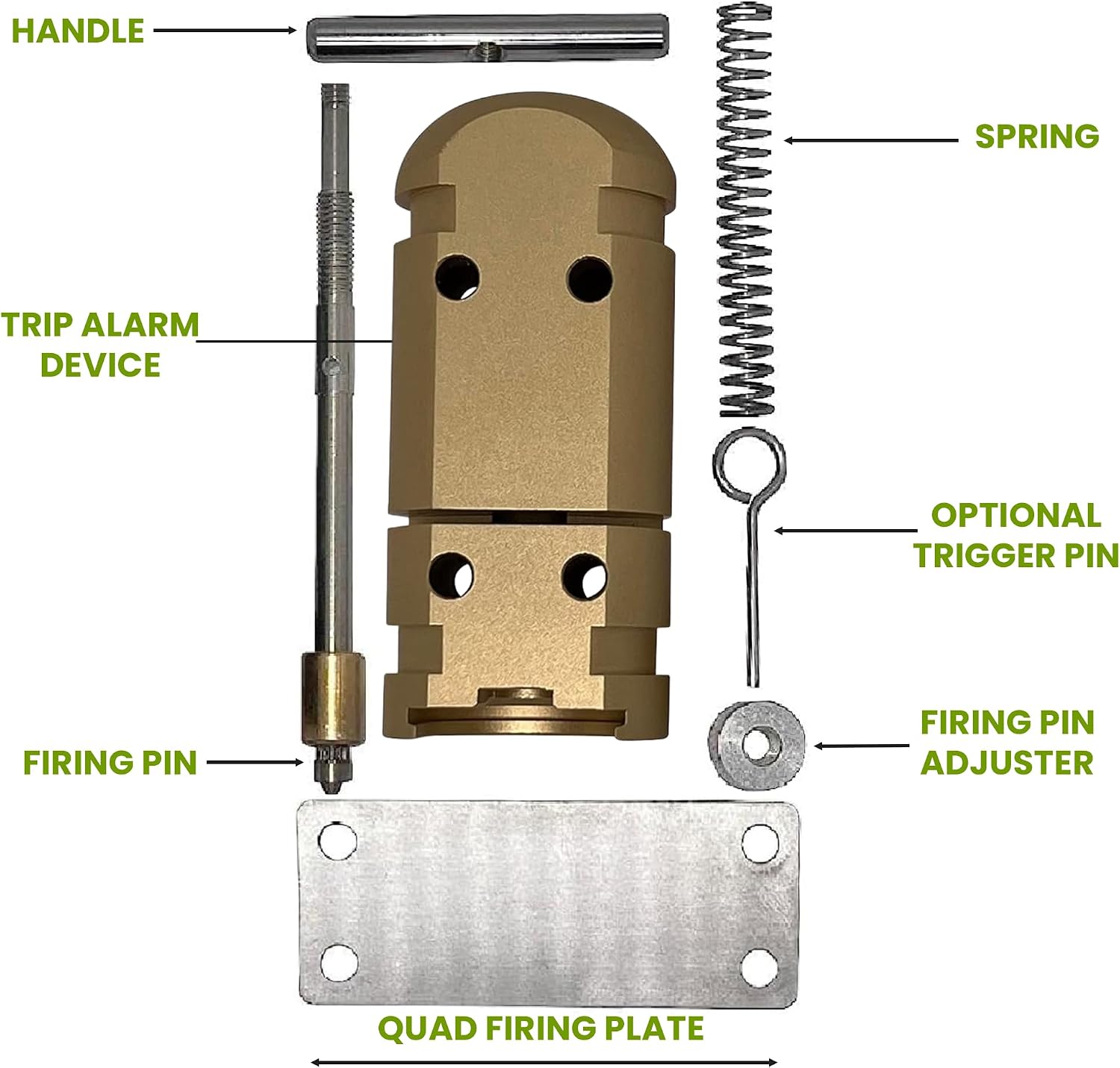 Trip Alarm Co. 12 Gauge Perimeter Trip Wire Alarm US Patented Quad 3.0 with 209 & .22 Adapters in Desert Sand – 360° Outdoor Security Device for Camping, Property & Survival