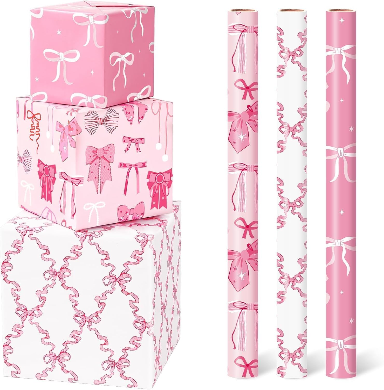 WERNNSAI Pink Wrapping Paper Birthday 3 x 10ft Princess Bow Wrapping Paper