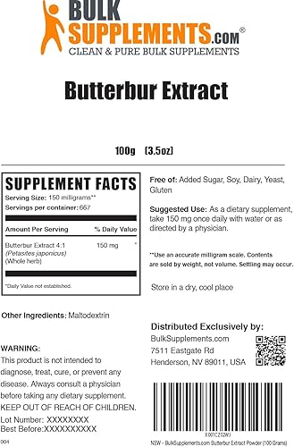 Miniatura 2 de BULKSUPPLEMENTS.COM Butterbur Extract Powder - Suplementos de mantequilla, suplemento antioxidantes, Butterbur 150 mg - Vegano y sin gluten, 150 mg