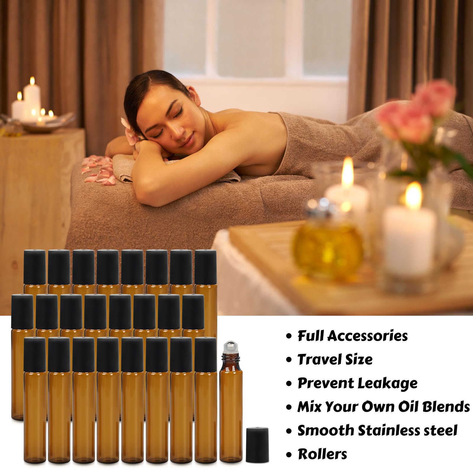 Bouteille Roll On en Verre 10 ml, 24PCS Roll On Huile Essentielle Vide Bouteil Brun Verre Flacon Roller Rechargeable, Avec Bille en Acier Inoxydable pour Parfums, Aromathérapie, Massage, Voyage