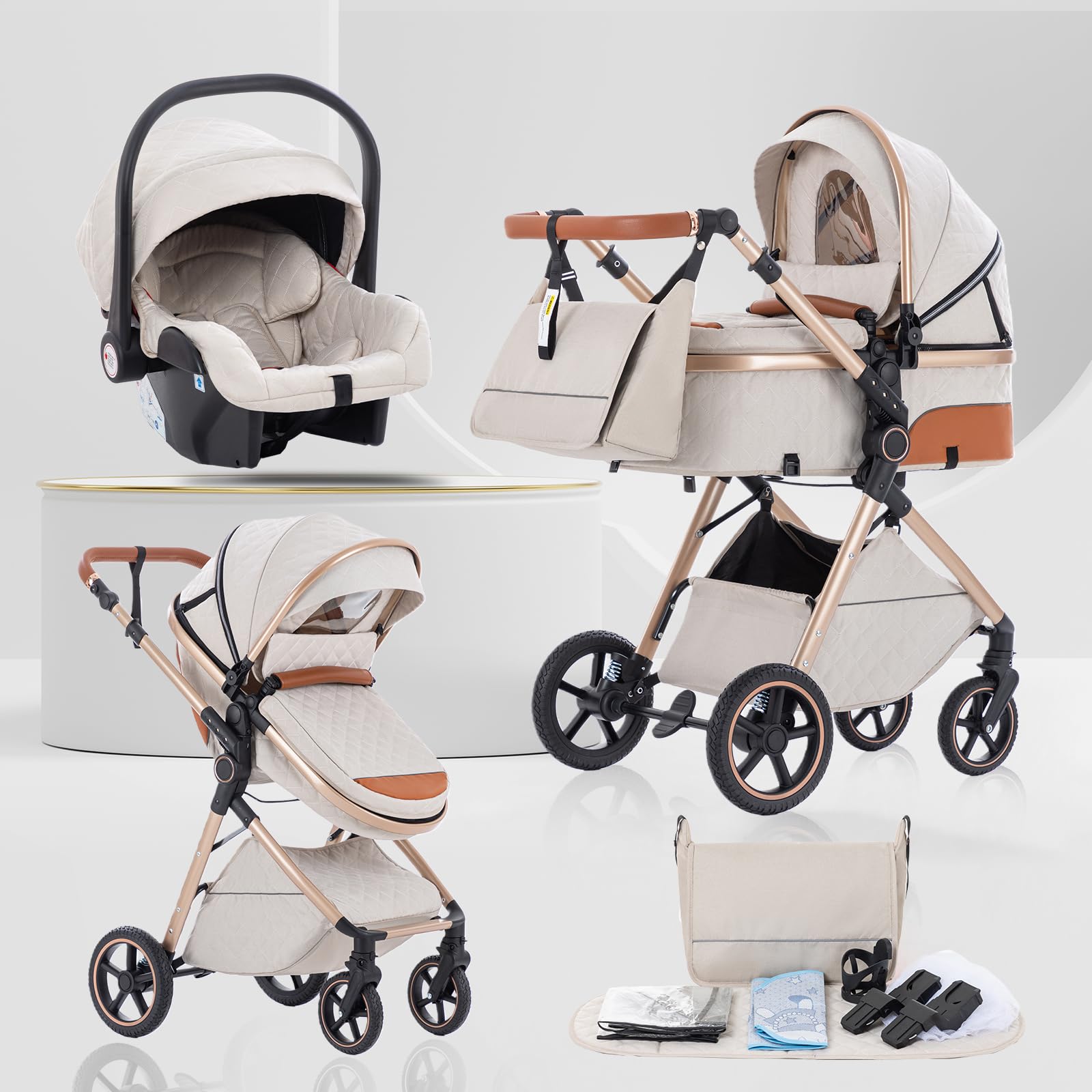 Cochecito 3 en 1, Cochecito Compacto con Mosquitera y Cubierta para la Lluvia, Silla de Paseo Ligera con asa Ajustable, Ruedas de PU, Adecuado de 0-3 Años,Beige