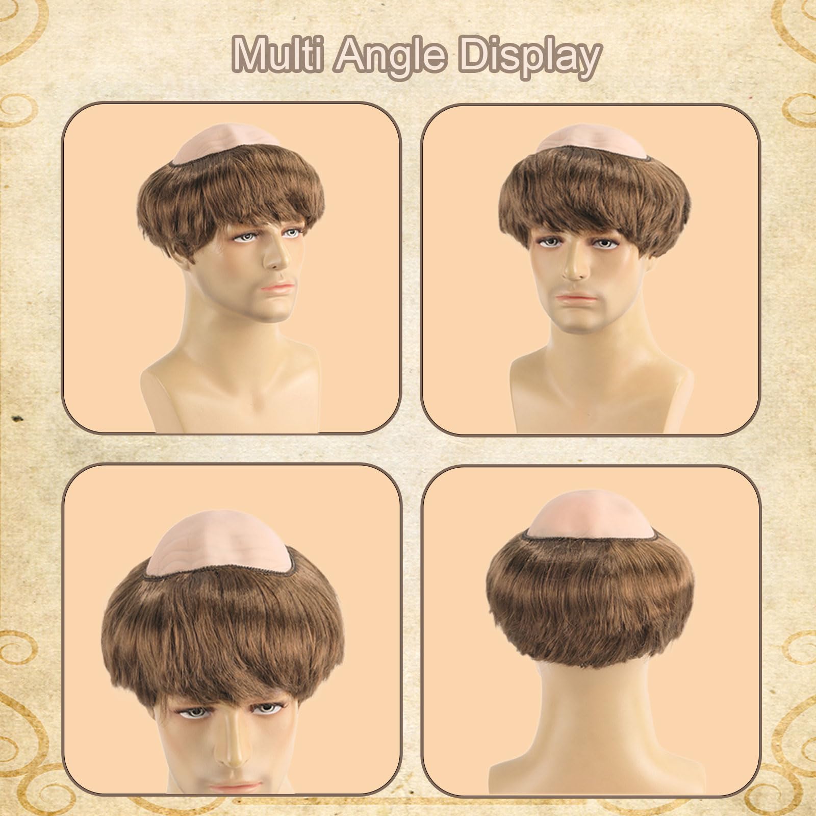 FOUNSHO Monk Bald Cap Wig Short Straight Hair, Men's Fancy Dress Bowl Cut Funny Wig - Image 3