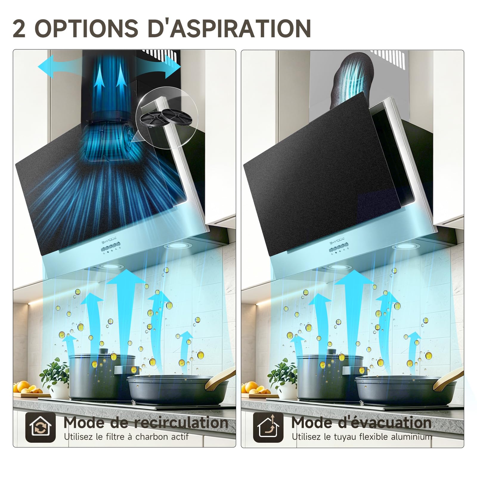 Hotte Aspirante Inclinée 60cm Classe A+++, Hotte Cuisine 370m³/h, Noir Verre Dépoli,Filtres à Charbon Inclus,Hotte Murale Evacuation ou Recyclage