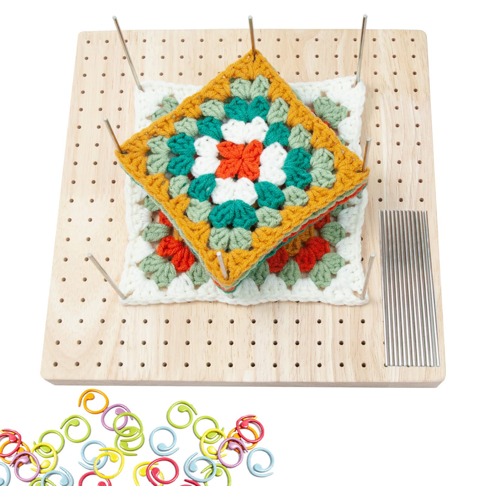 Tabla De Ganchillo De Madera, Tabla De Ganchillo Hecha a Mano para Cuadrados De Abuelita, Alfombrilla De Ganchillo con Varillas De Acero Inoxidable Y Marcador De Punto para Encaje Y Tejido