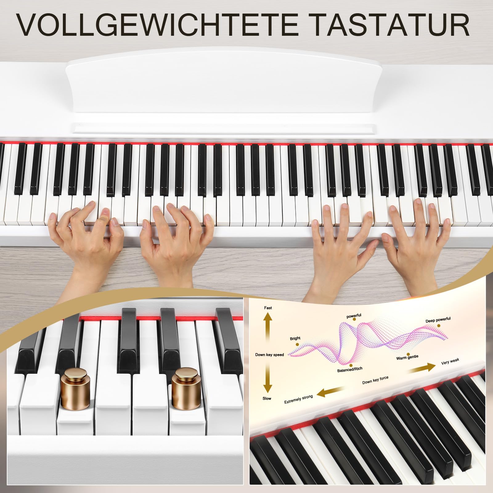 LEADZM Pianoforte Digitale a 88 Tasti con Supporto, Tastiera Completamente Pesata, Pianoforte Elettrico con MIDI USB, Altoparlanti Stereo, Sistema a 3 Pedali (Bianco)
