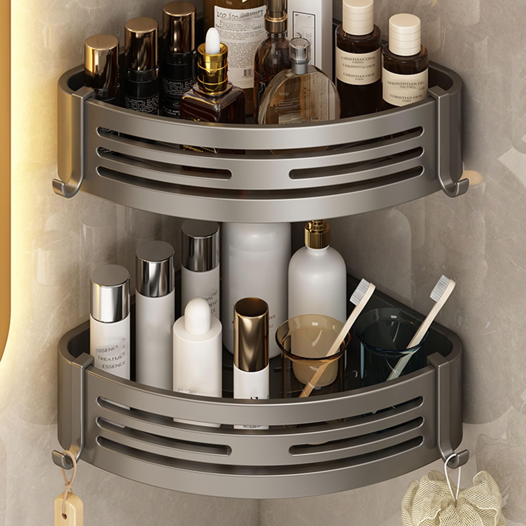 Estante Ducha Adhesivo, Estante de Almacenamiento para baño montado en la Pared, Organizador Ducha sin Taladro, estantes de Ducha Gran Capacidad a Prueba óxido con Ganchos,Blanca,B