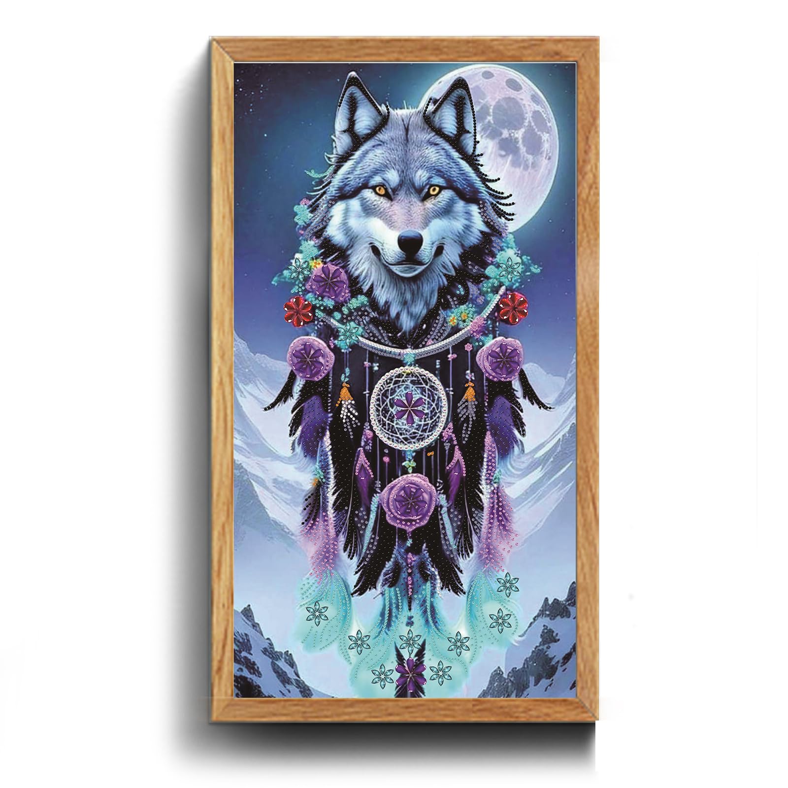 POETRYDRAW Moonlight Dreamcatcher Wolf 5D DIY Diamond Art Kit Large 15.75x27.56inch for Adults & Beginners