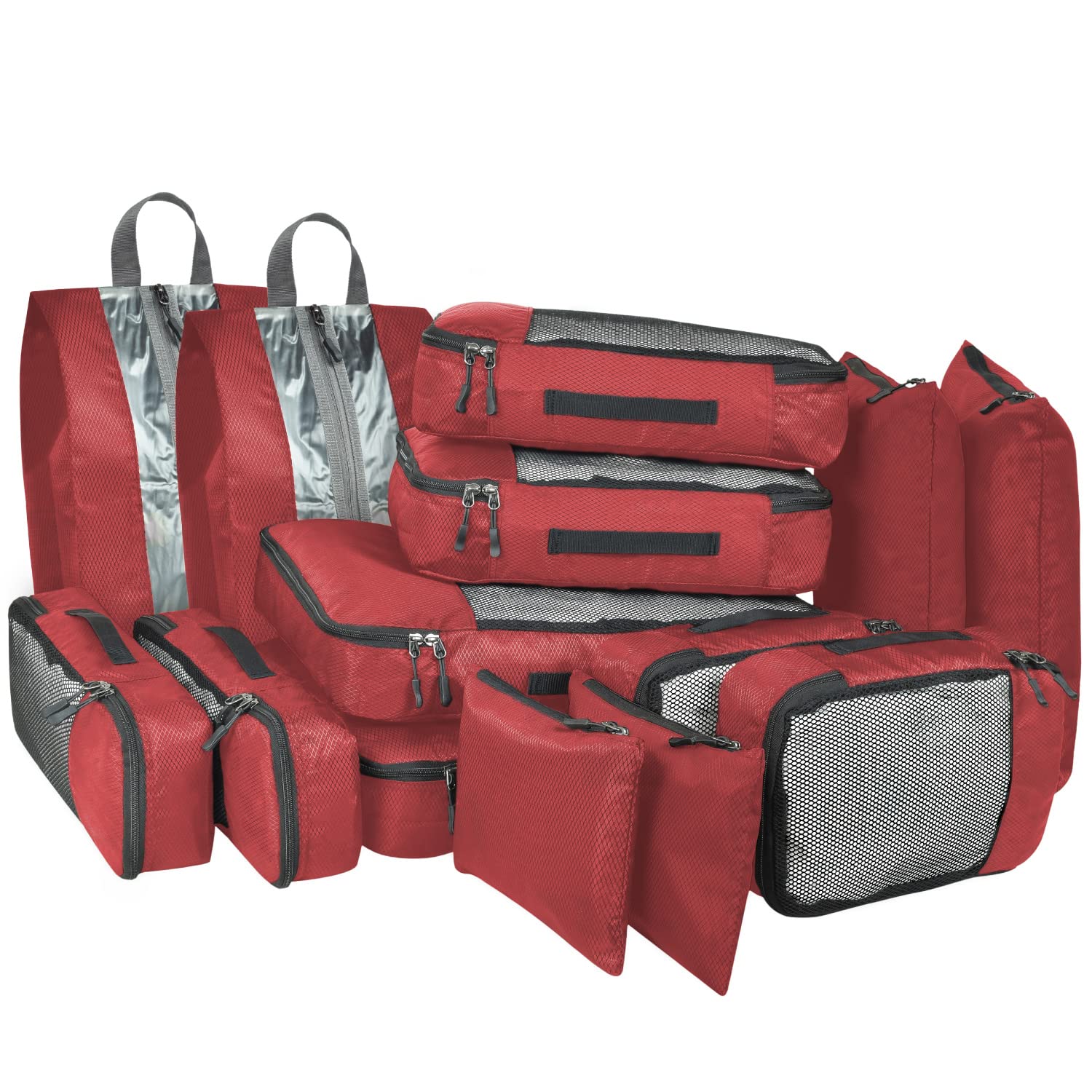 FATMUG Polyester Packing Cubes Travel Bag Organiser Set Of 14(2L, 2M,2S,2Slim, 2 Shoe & 4 Laundry Pouch) - Red-image-48