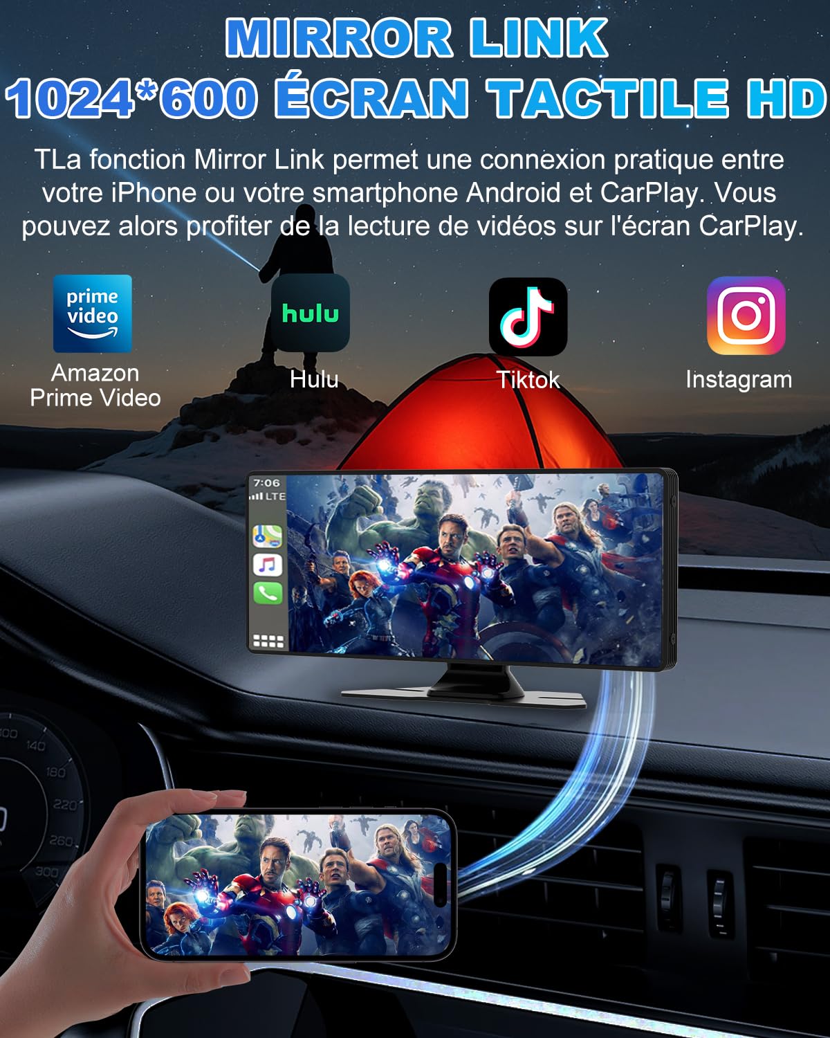 Carplay Voiture, 10.26" Autoradio Carplay pour Apple & Android avec HD 1080P Camera de Recul & Caméra Frontale, Navigation GPS, Son Premium, Commande Vocale, Allume-Cigare Double Port, Mirror Link