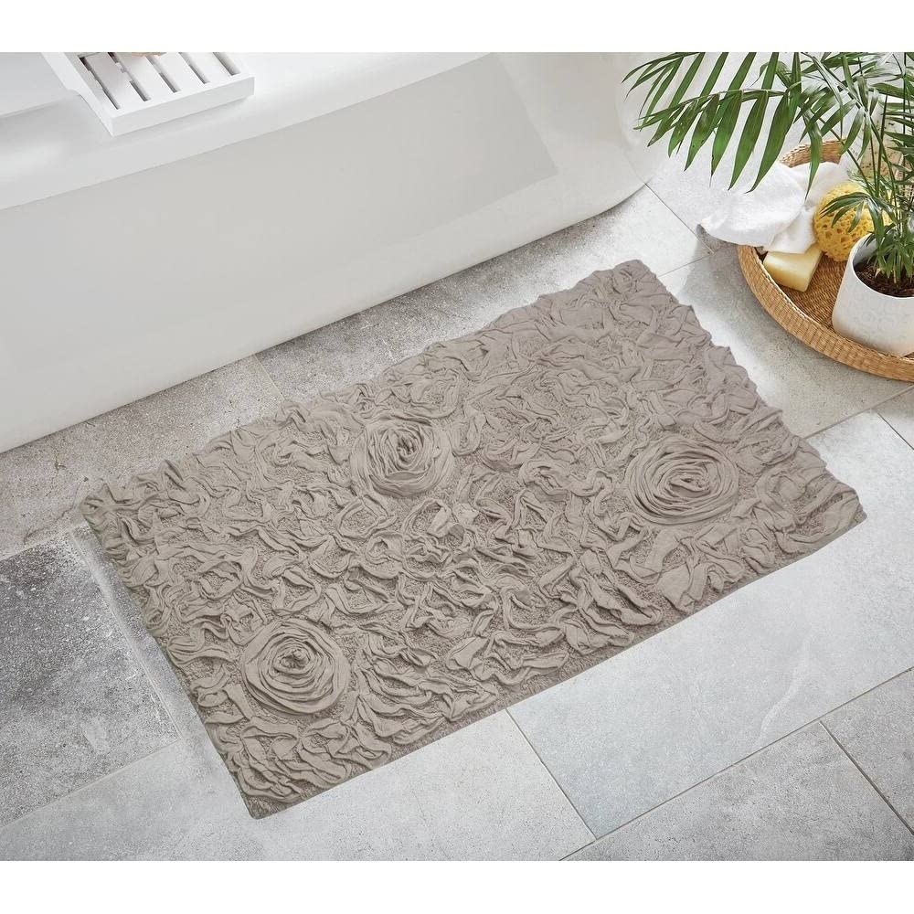 Luxurious Taupe Beige Bathroom Rug with Pretty Floral Tufted Pattern On Solid Background All Seasons Non Slip Back