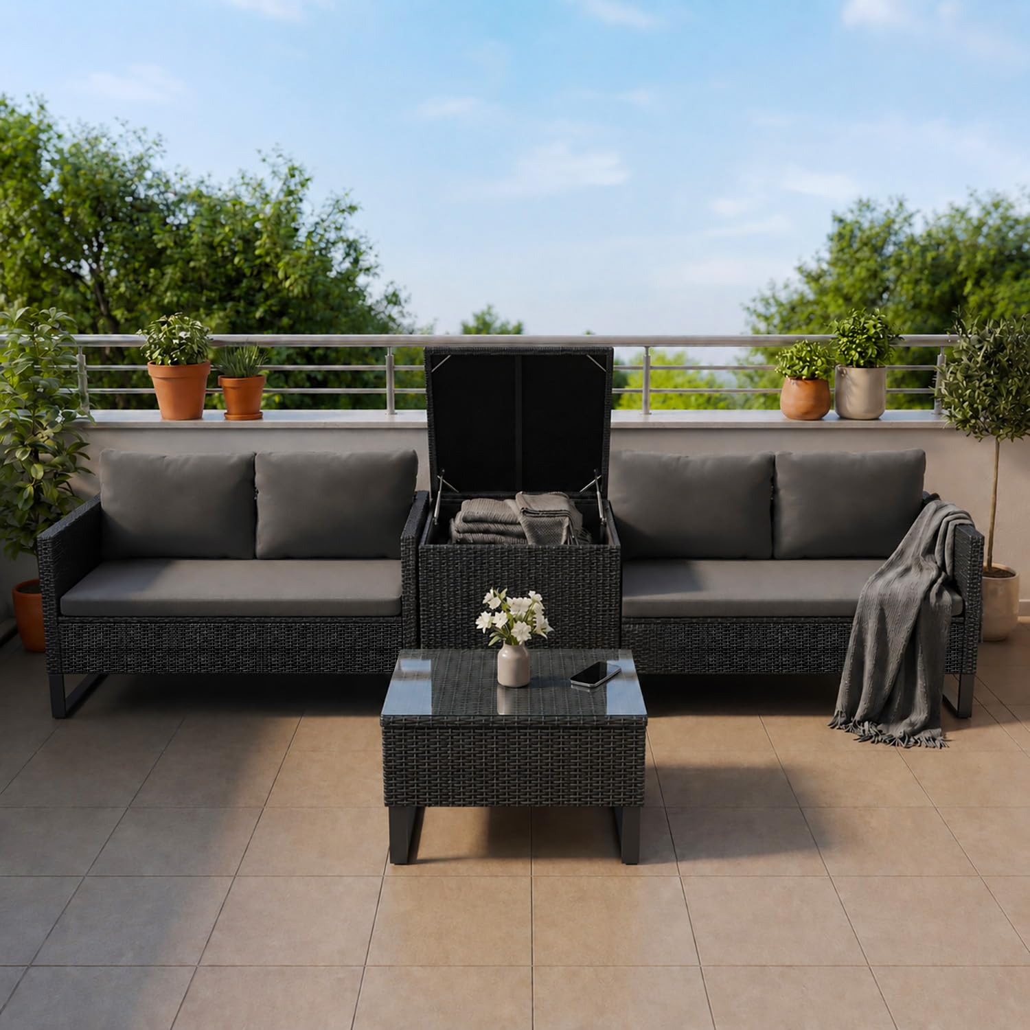 Juskys Polyrattan Lounge für 4 Personen – Outdoor Gartenmöbel Set Santorini mit Beistelltisch & Auflagenbox, wetterfeste Lounge Möbel als Balkonmöbel Sitzecke – Schwarz