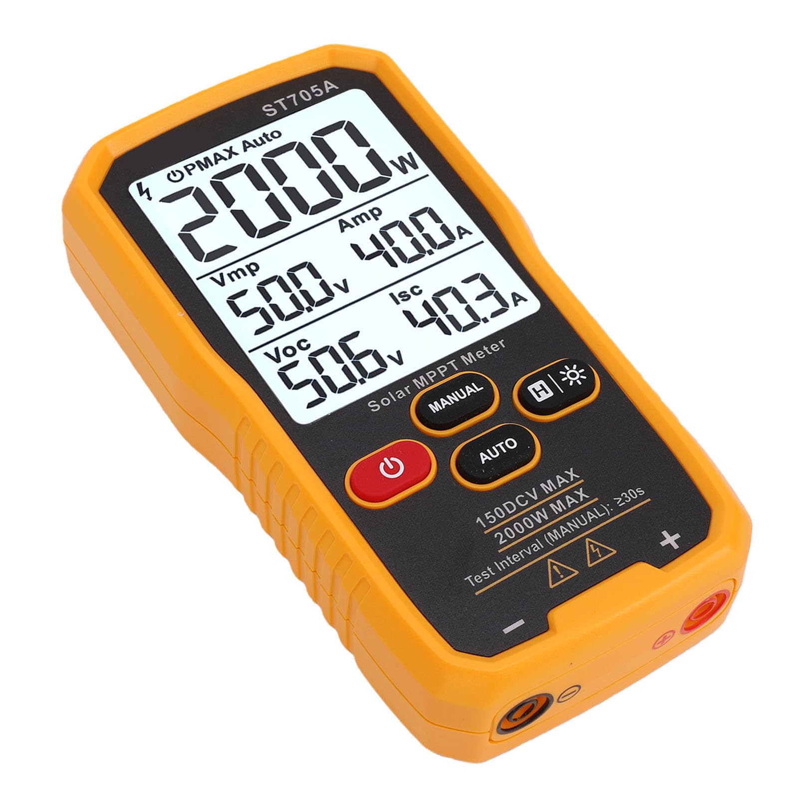 Luocute Tester Paneli Słonecznych MPPT 2000W 150VDC 45A | Podświetlany Ekran LCD o Przekątnej 3,2 Cala, Gumowa Obudowa, Automatyczne i Ręczne Tryby Pomiaru, Alarm Przekroczenia