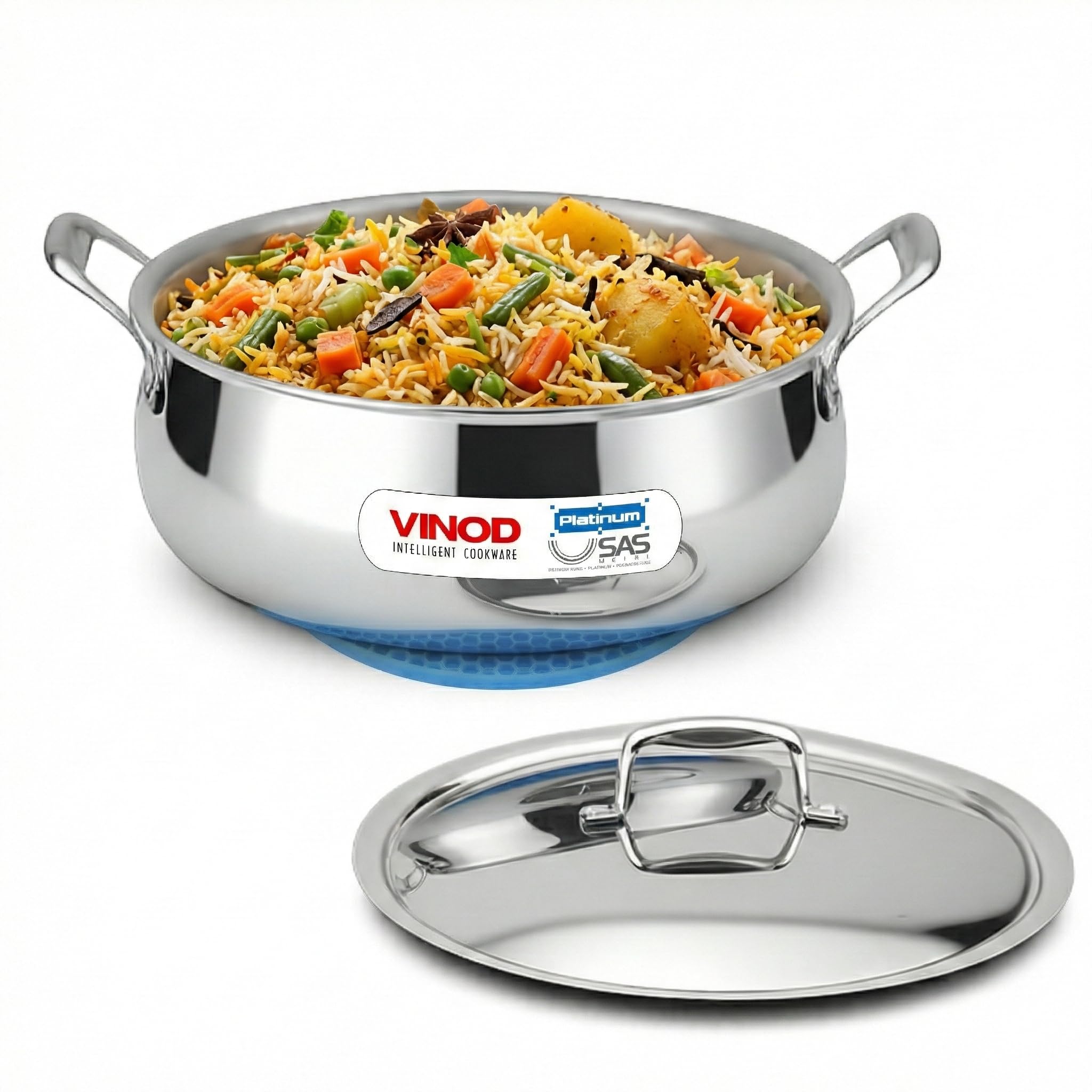 Vinod Platinum Chef’s Lagan Pot 28 cm - 7 Litre | Triply Stainless Steel Biryani Pot Heavy Bottom | Shallow Lagan Handi for Cooking Biryani | Healthy Triply Cookware, Induction Friendly, with Lid