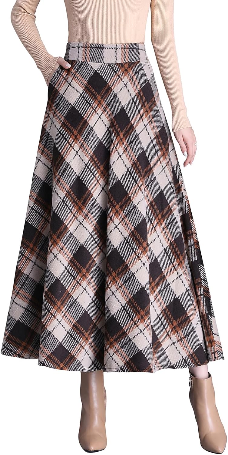 Womens Wool Plaid Maxi Skirt High Waisted A-Line Tartan Long Skirt with Pockets Elastic Waist 2025 Fall Winter