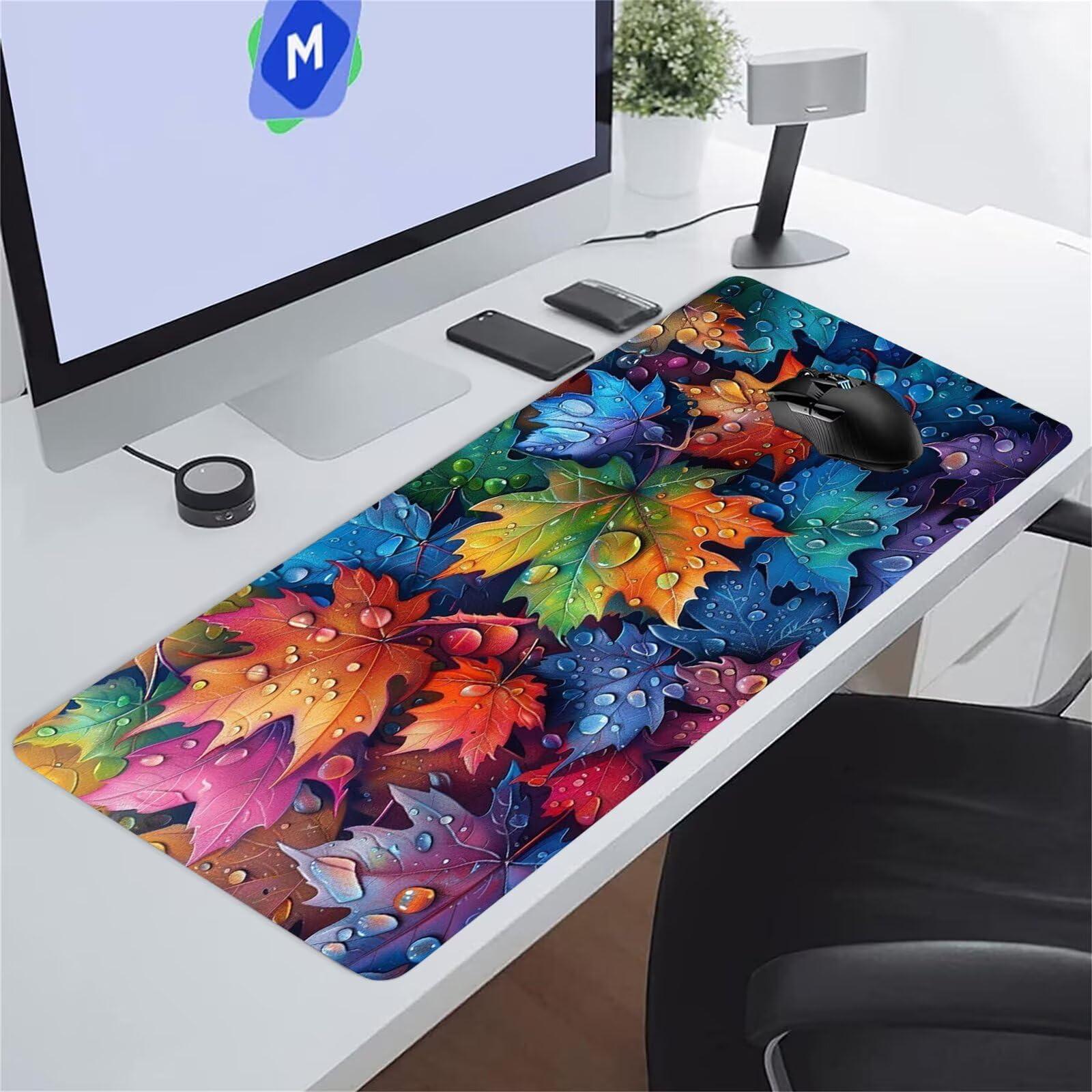 Grand Tapis de Souris de Jeu 800 x 400 x 3mm, Tapis de Souris XXL Feuille D’Érable Colorée, Optimisé pour Capteur, Haute Précision et Vitesse avec Bords Cousus pour Bureau et Gaming