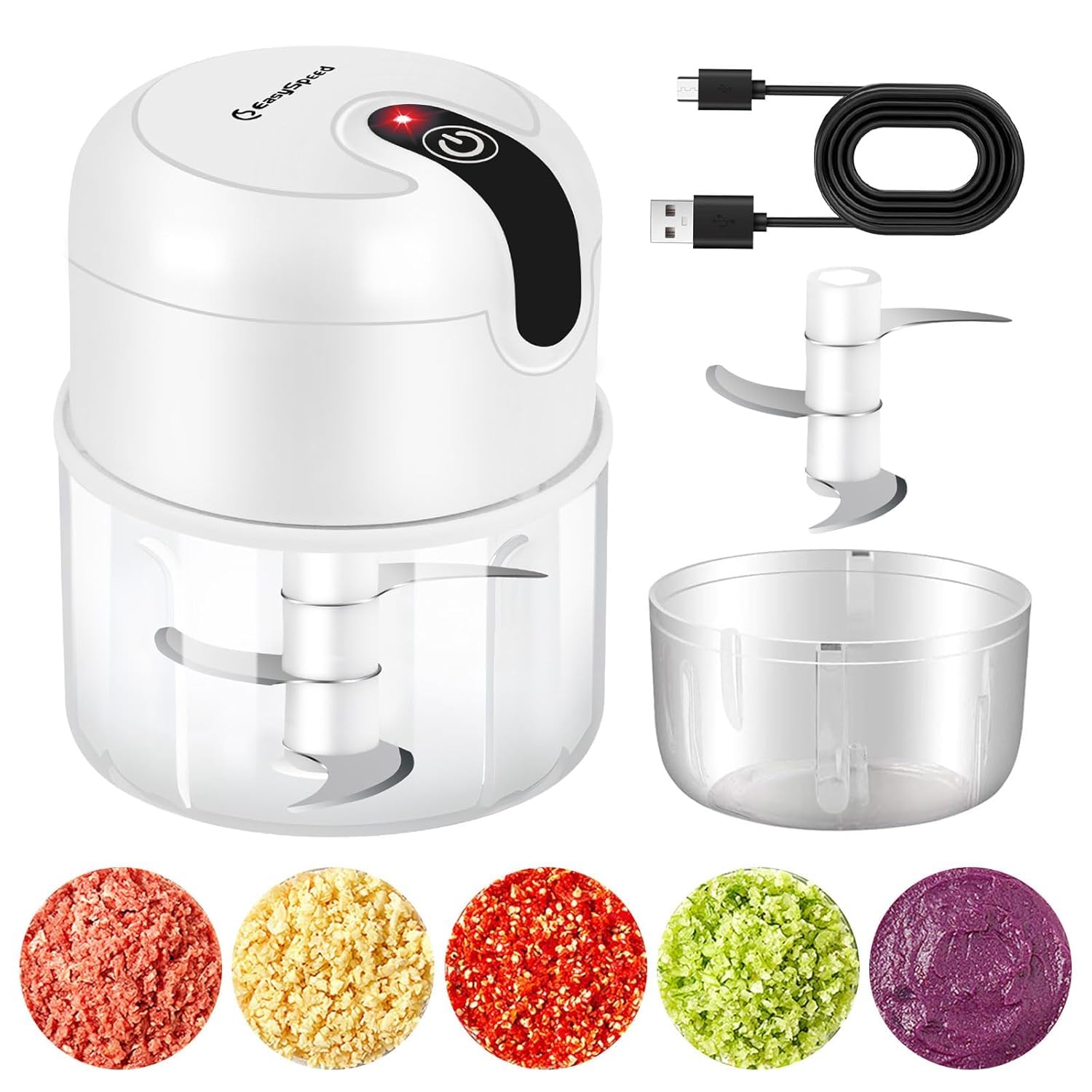 Vegetable Chopper for Kitchen - Mini Food Processor & Garlic Dicer, Rechargeable USB Chopping Machine with 3 Stainless Steel Blades, Portable Mincer for Onion, Ginger, Chili, Puree (White)-image-48