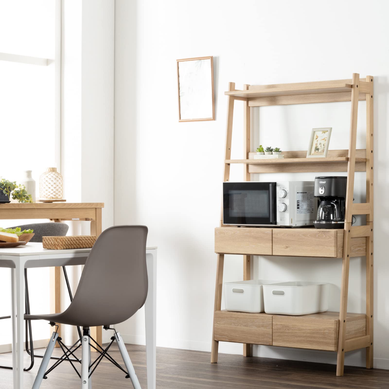Amazon｜tac INTERIOR オープンラック 幅85㎝ 4段 可動棚 引き出し付き 
