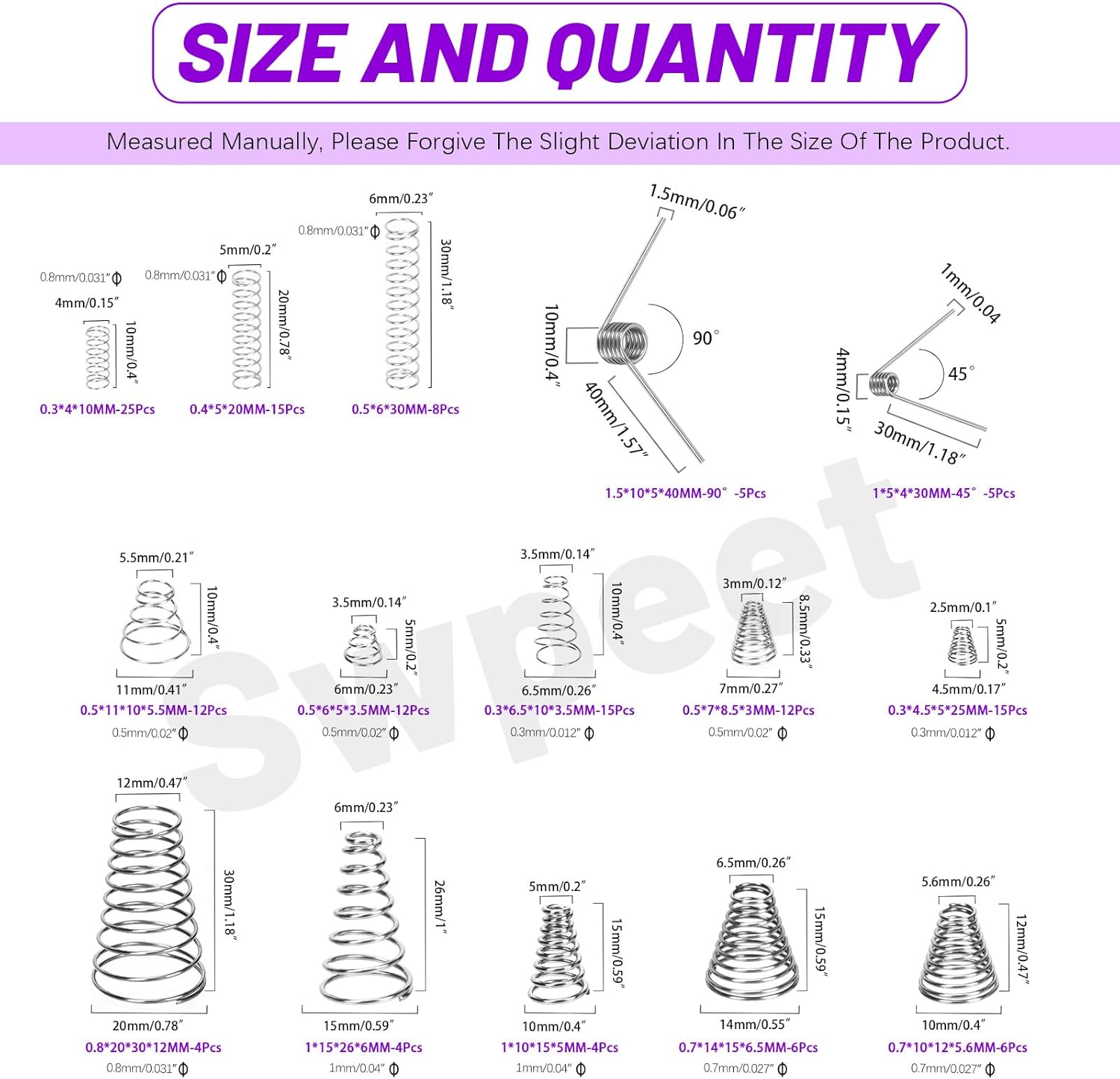 Swpeet 148Pcs 3 Styles Stainless Steel Compression Springs Assortment Kit, 0.3/0,5/0.7/0.8/1 mm Conical Spring Compressed Spring, 0.3/0.4/0.5 mm Compression Springs, 1.5mm-45/90 Degree Torsion Spring