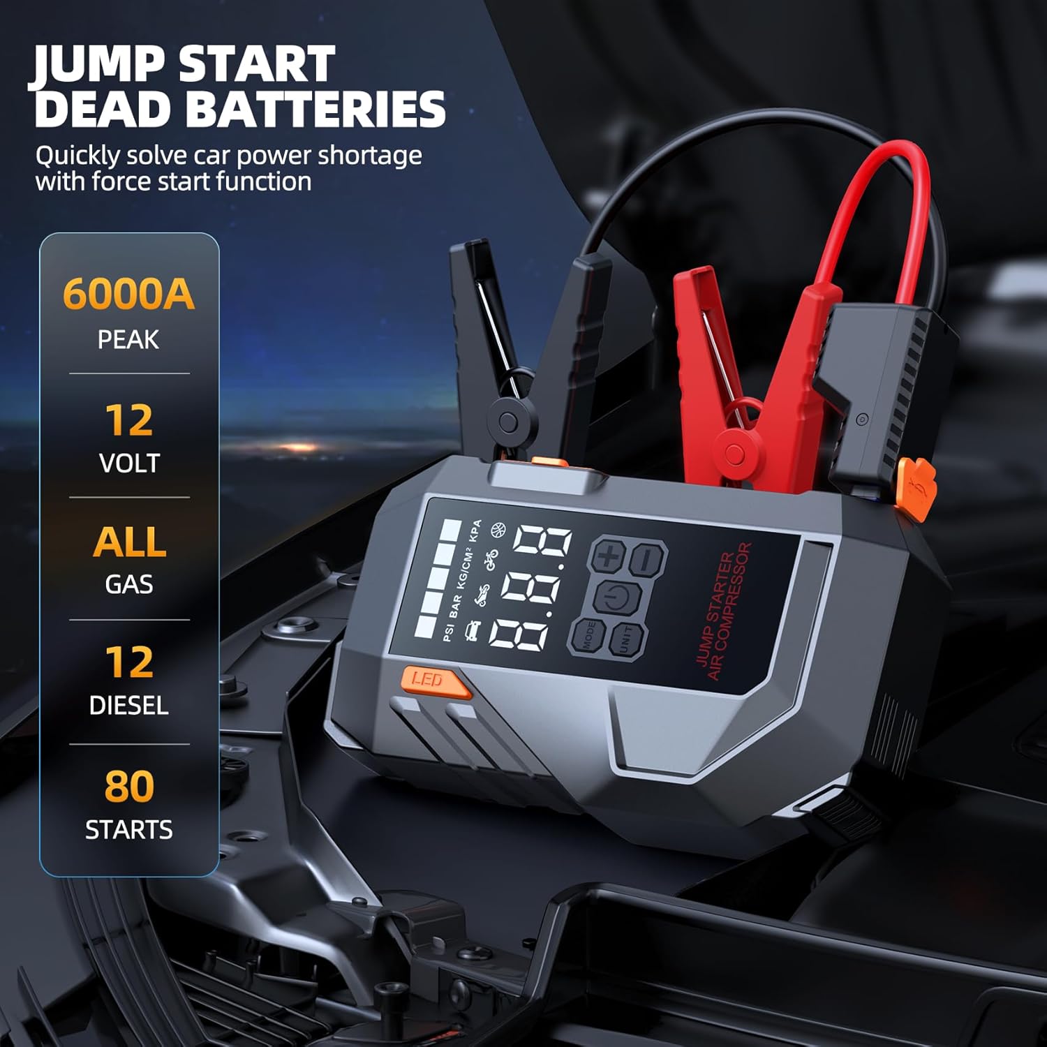10-in-1 Portable Car BatteryJump Starter with Air Compressor 6000A 26800mAh 160PSI Jump Starter (All Gas/12L Diesel), 12V Jump Box Car Battery Jumper Starter Portable Jumper Cables, Lights - Image 2