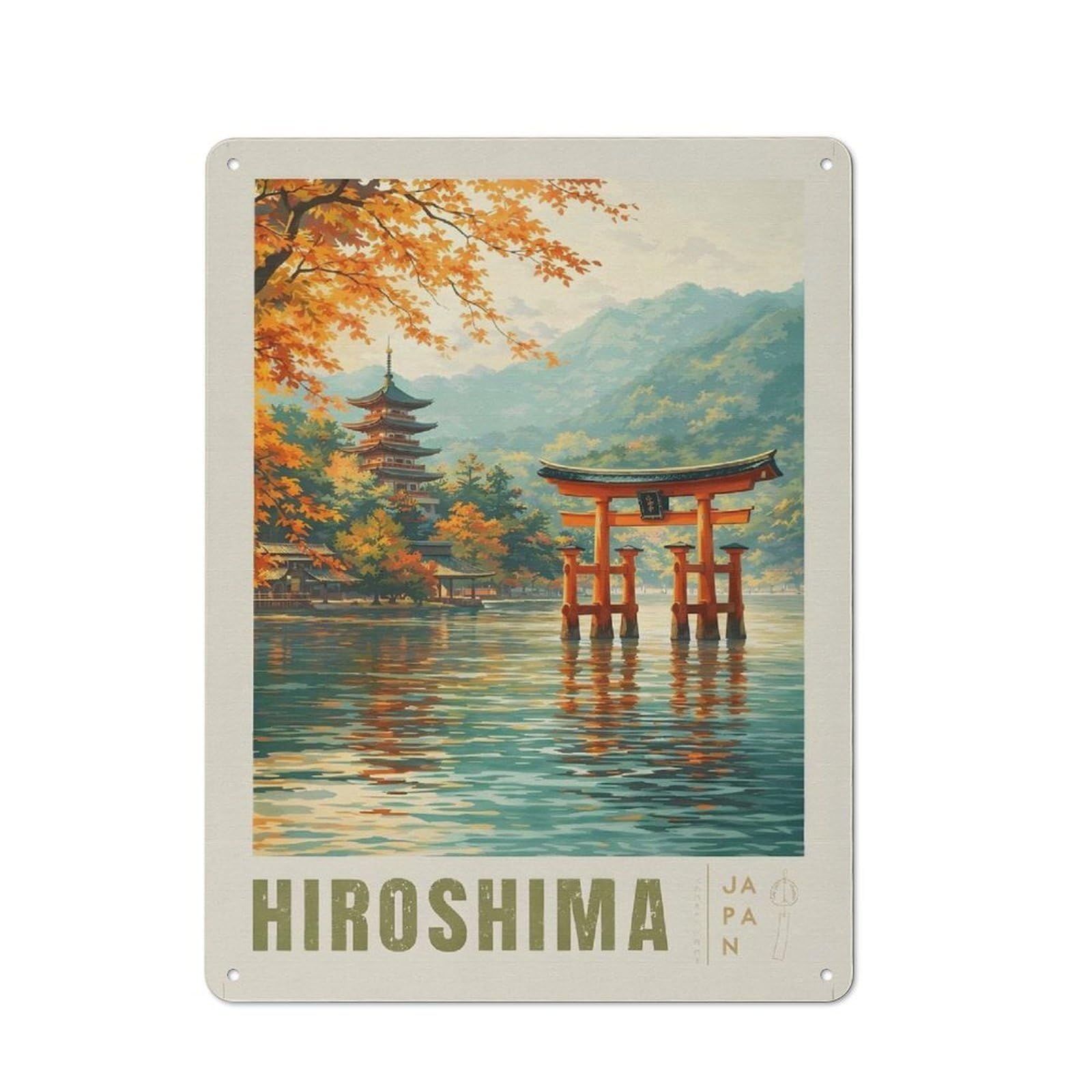 Vintage Hiroshima Autumn Torii Gate And Pagoda Metal Wall Art Sign 40x30cm, Old Style Wall Plaque for Bedroom, Office, Home Bar Or Dining Room