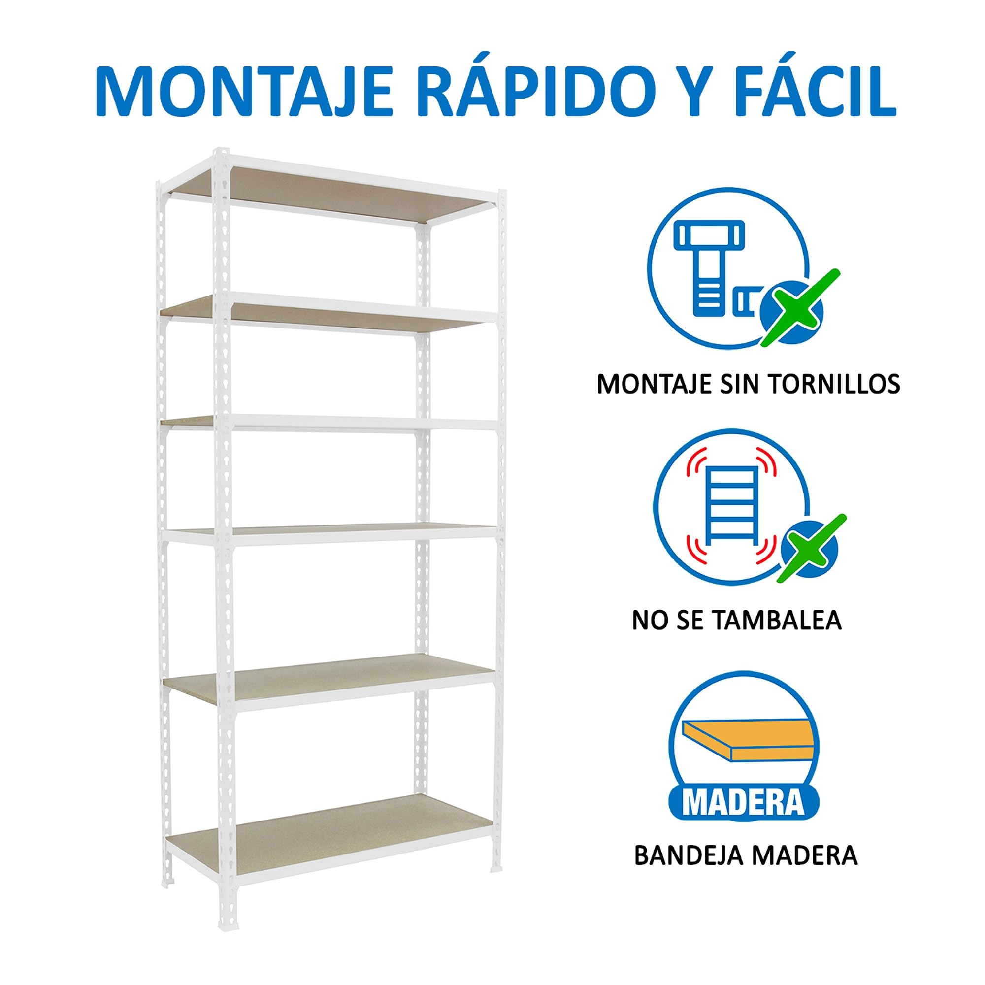 Estantería Metálica Almacenaje Sin Tornillos | 6 Alturas, Bandeja Madera, 150 kg de Punto Flexión, Blanco , Pintura anticorrosión, Montaje sistema clic