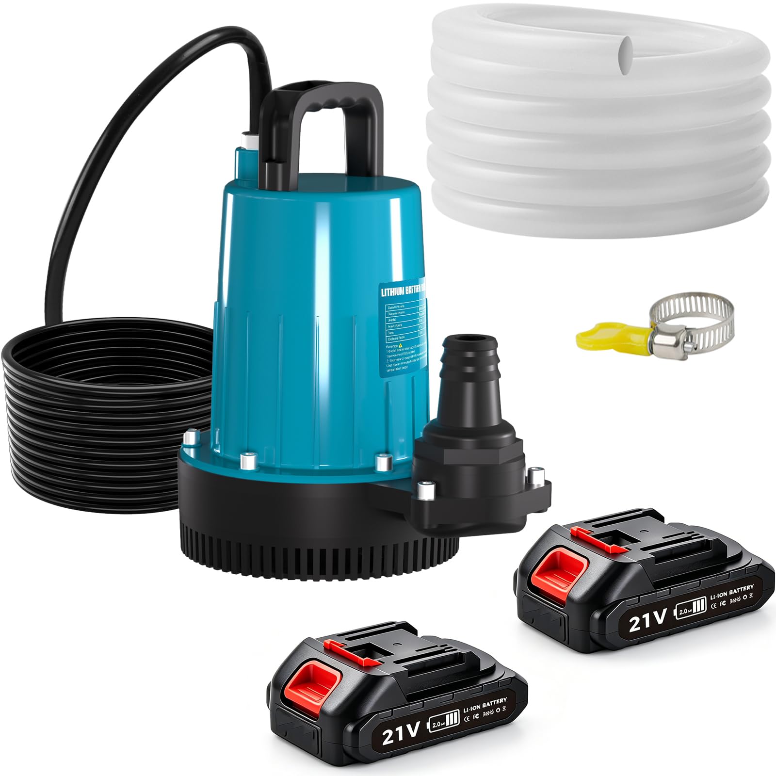 Pompa sommergibile a batteria, 21 V, 2000 mAh, pompa sommergibile con coperchio di sicurezza, tubo da 10 m, per piscina, letti d'acqua, pompa per acque reflue, copertura piscina