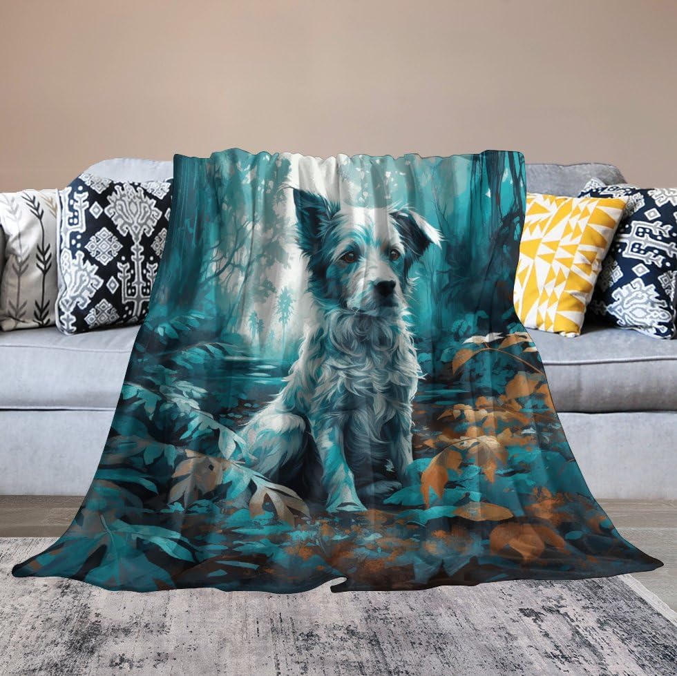 Couverture micro polaire chien sous un arbre pour moments cocooning au salon sur le canapé
