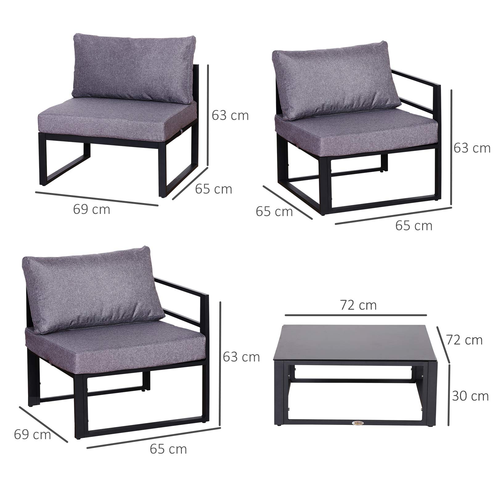 Outsunny 6-TLG. Gartengarnitur Gartenset mit Kissen für 4–5 Personen Grau | Gartensofaset Sitzgruppe Gartenmöbel, Alu+ Polyester + Hartglas, 4 x Sessel, 1 x Ecksofa, 1 x Beistelltisch