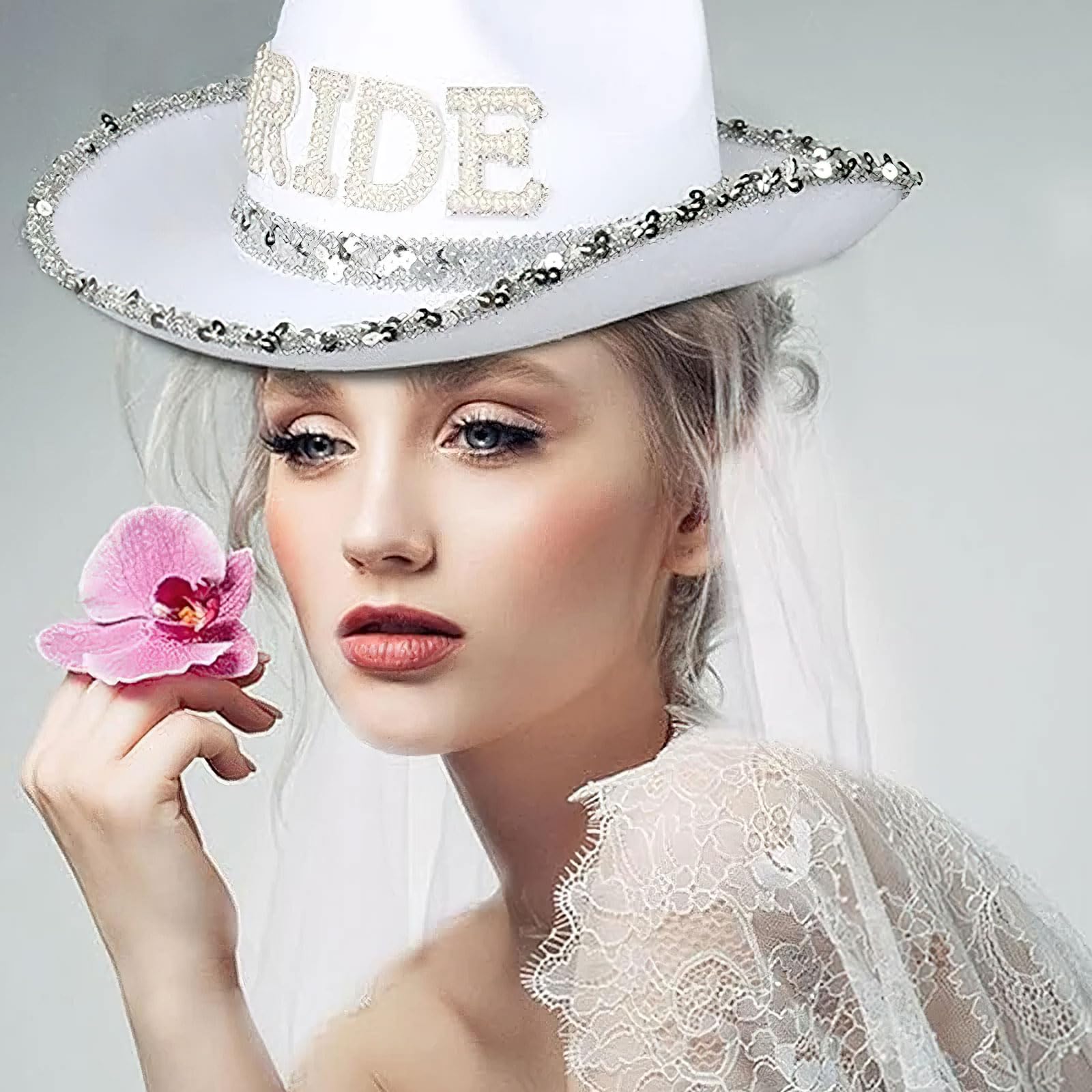 Cappello da cowboy da sposa, velo bianco con paillettes di strass, per matrimonio, addio al nubilato, addio al nubilato, decorazione per feste, feste occidentali, accessori per vestire,