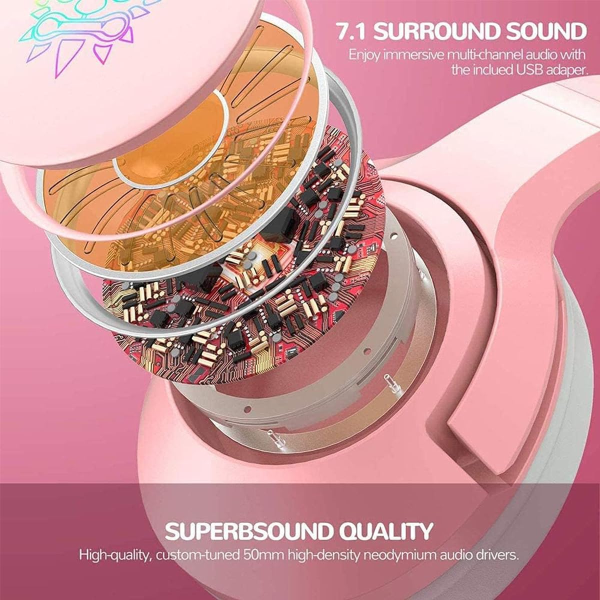 Casque De Jeu Rose Oreilles De Chat 3,5 mm Filaire | avec Microphone Lumière LED, Son Surround 7.1, Design Rétractable, Pour PC Téléphone Portable Smartphone Enfants Adultes