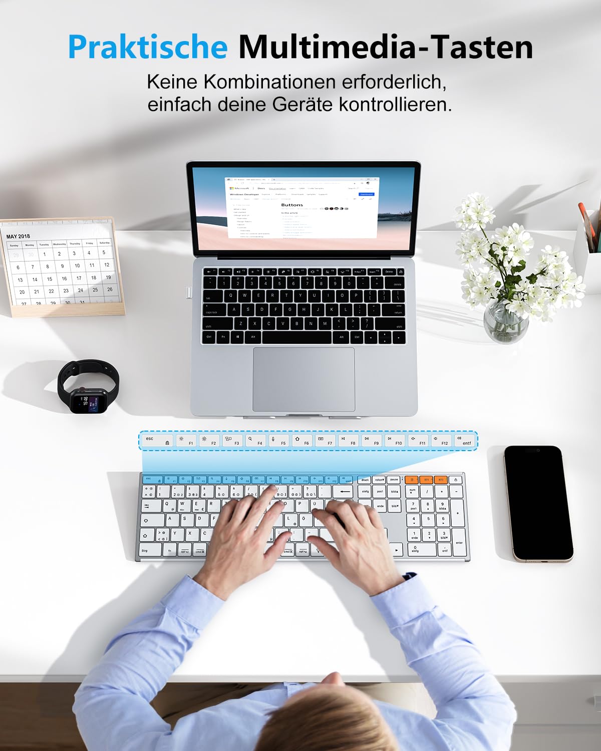OMOTON Tastatur Kabellose Beleuchtet, Bluetooth + 2,4G, QWERTZ, Silber | Metallgehäuse, Multi-Device, Wiederaufladbar, Leise, Ergonomische, Windows/macOS/PC, Büro/Homeoffice/Reisen