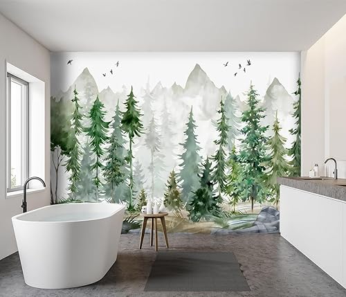 Miniatura 3 de Papel tapiz de tela verde con dibujos animados de pinos y bosques para niños y niñas, dormitorio infantil, sala de estar, plantas de bosque, mural