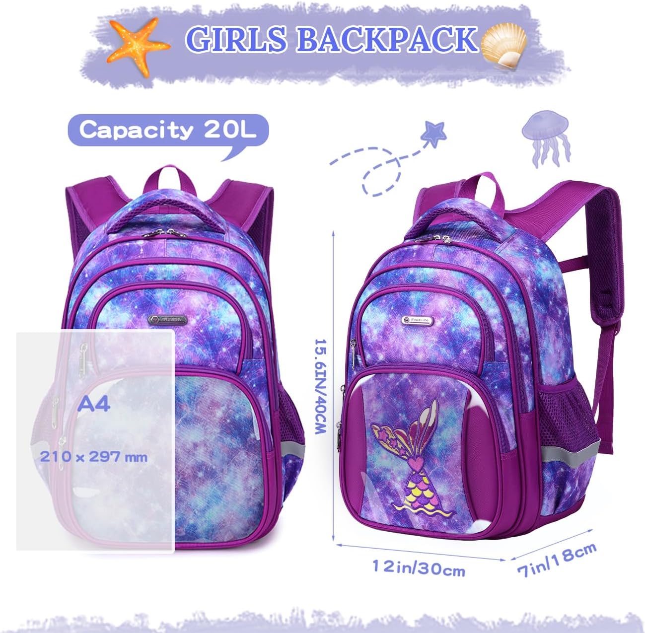 Cusangel Kids Purple Mermaid Backpack for Girls,Clear Pocket Premium Badge-Decorated Stationery Collection Elementary Kindergarten Preschool School Bookbag 15.5”Multifunctional Cute Large Capacity image 5