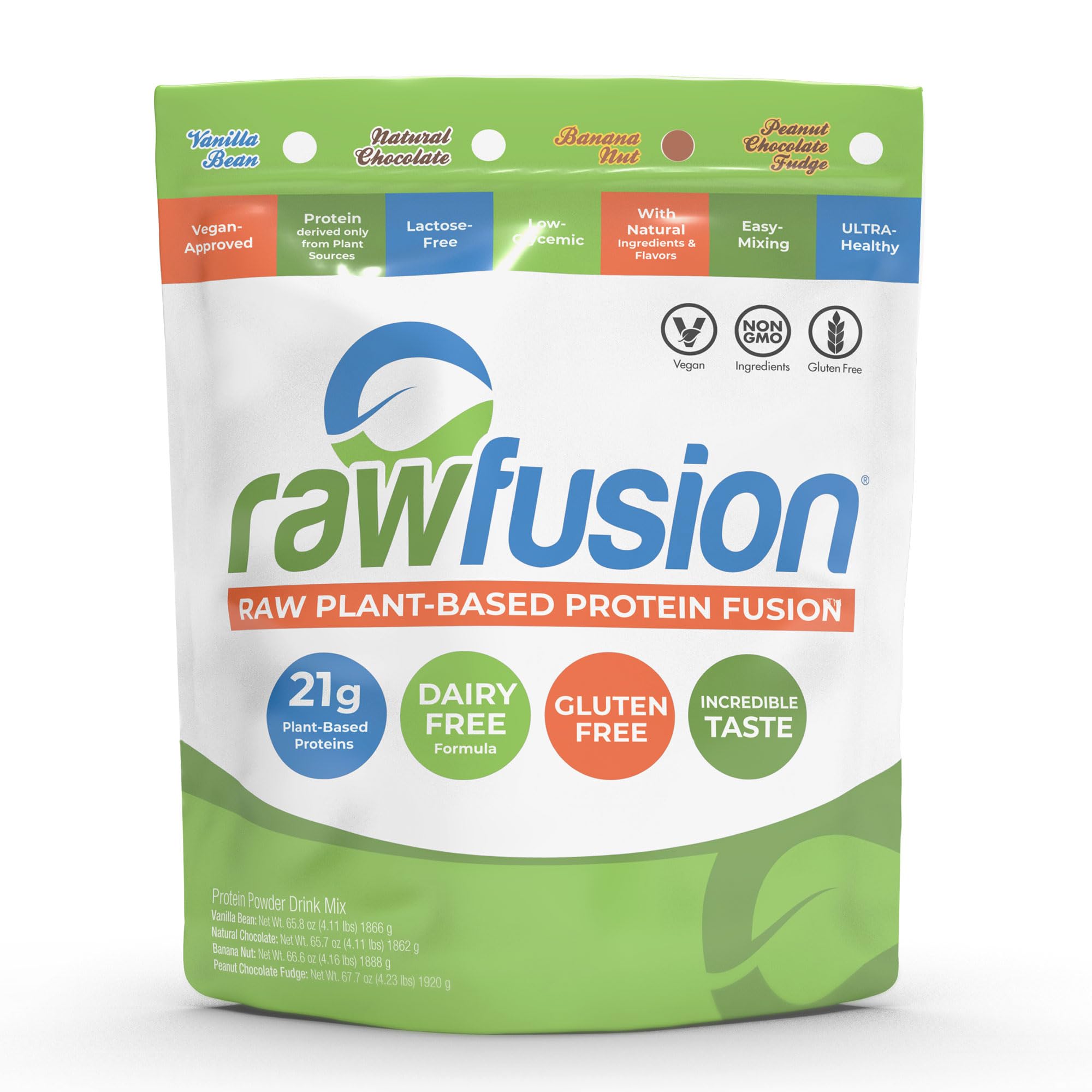 Rawfusion- Vegan Protein Powder, Banana Nut - 60 Servings, 21g of Plant Based Protein, Low Net Carbs, Non-Dairy, Gluten/Lactose Free, Soy Free, Kosher, Non-GMO, 4lbs Pound