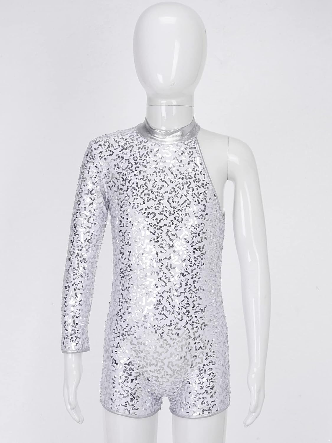 JEATHA Kids Girls Shiny Sequins Oblique Shoulder Gymnastics Leotard Dance Unitard Shorts Biketard Jumpsuit