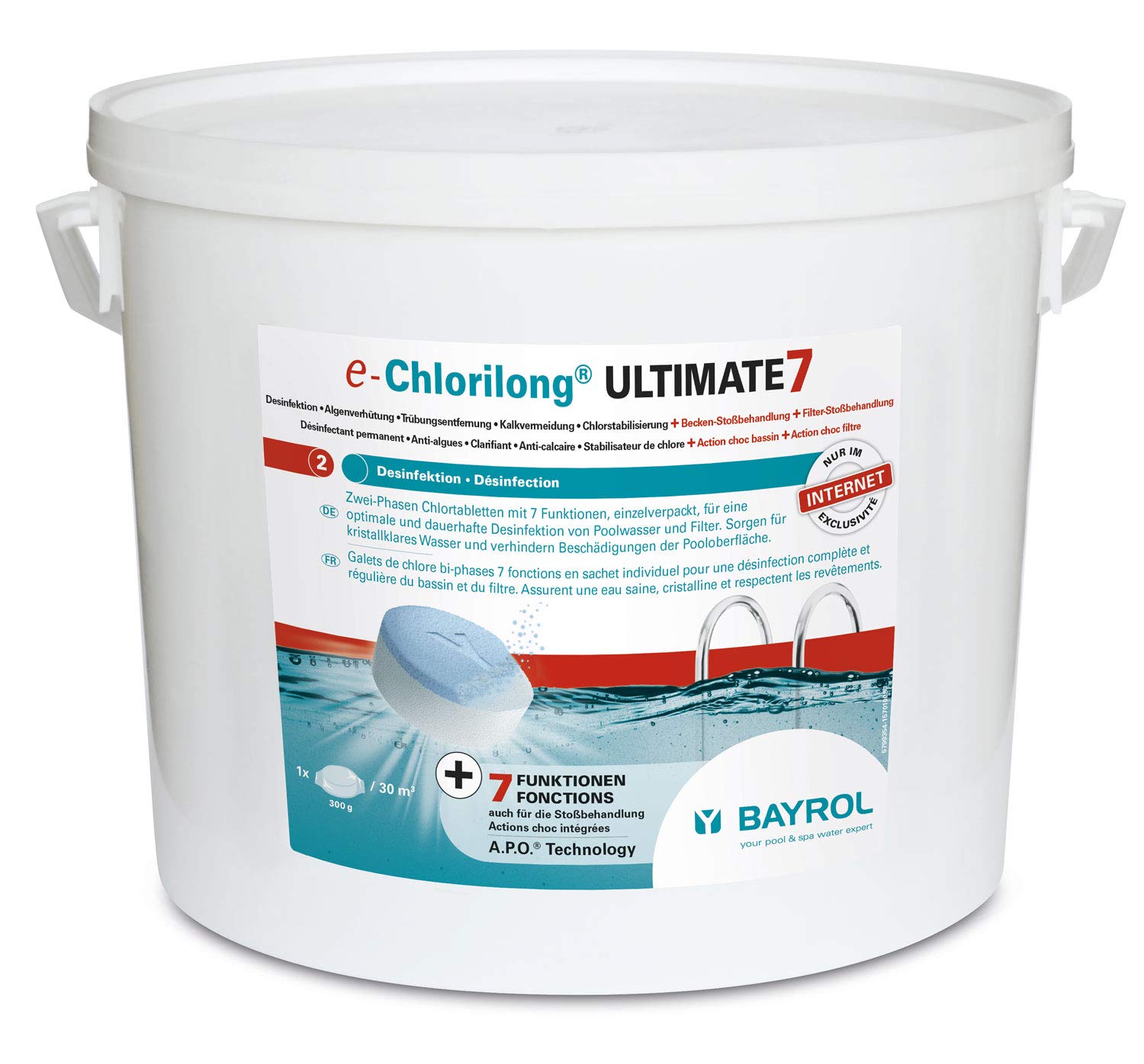 BAYROL e-Chlorilong ULTIMATE7 10,2 kg - Zwei Phasen Chlortabletten für Pool mit 7 Funktionen - Optimale Desinfektion von Poolwasser & Filter - Chlor Pool Multitabs
